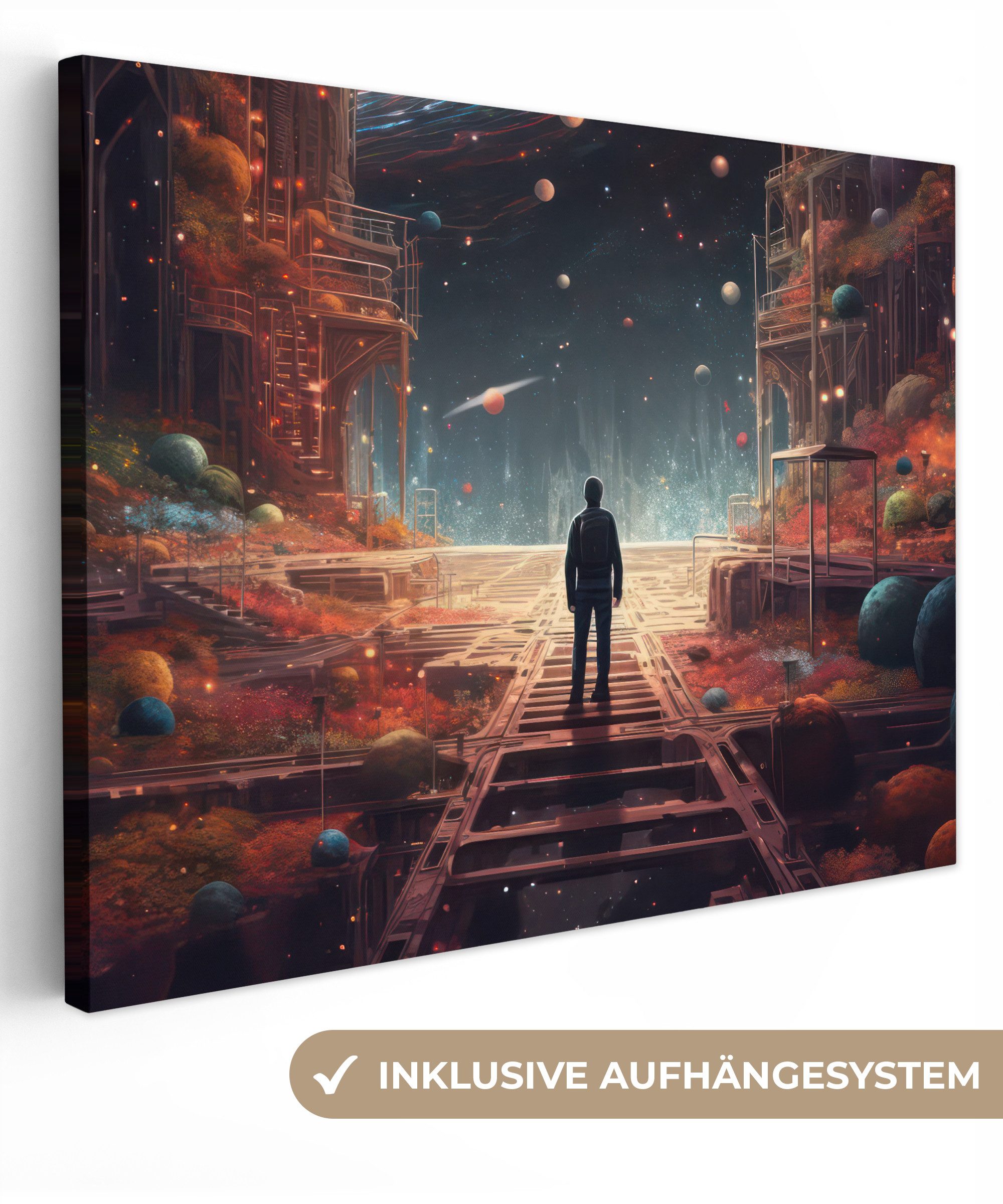 OneMillionCanvasses® Leinwandbild Außerirdisch - Astronaut - Planeten - Weltraum, Fotodruck (1 St), Gaming Bilder, Wandbild Gamingzimmer, Deko Wandbilder Gamer 40x30 cm