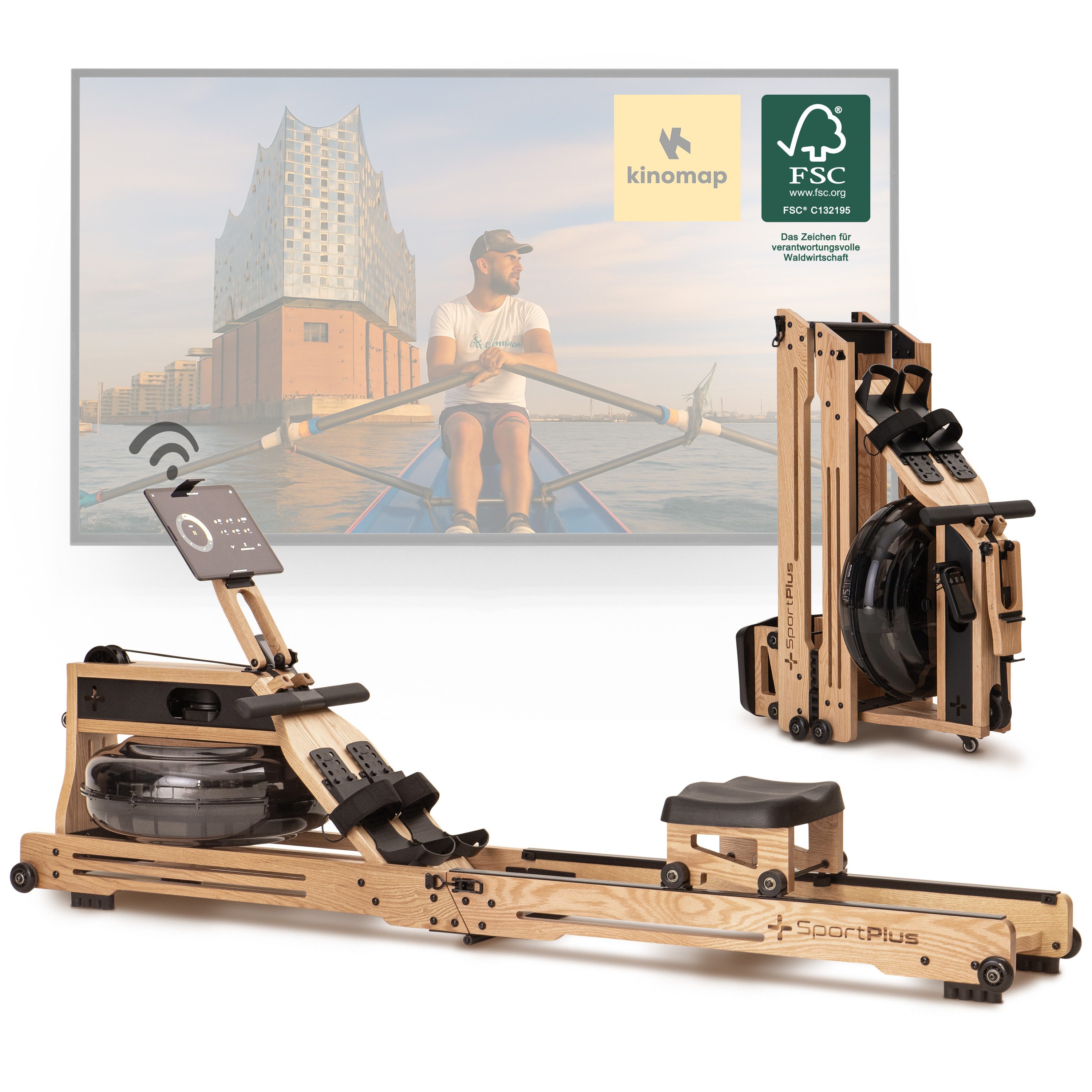 SportPlus Rudergerät SP-WR-1900-iE, Klappbares Wasserrudergerät, Natur Massivholz, Design Holzrudergerät