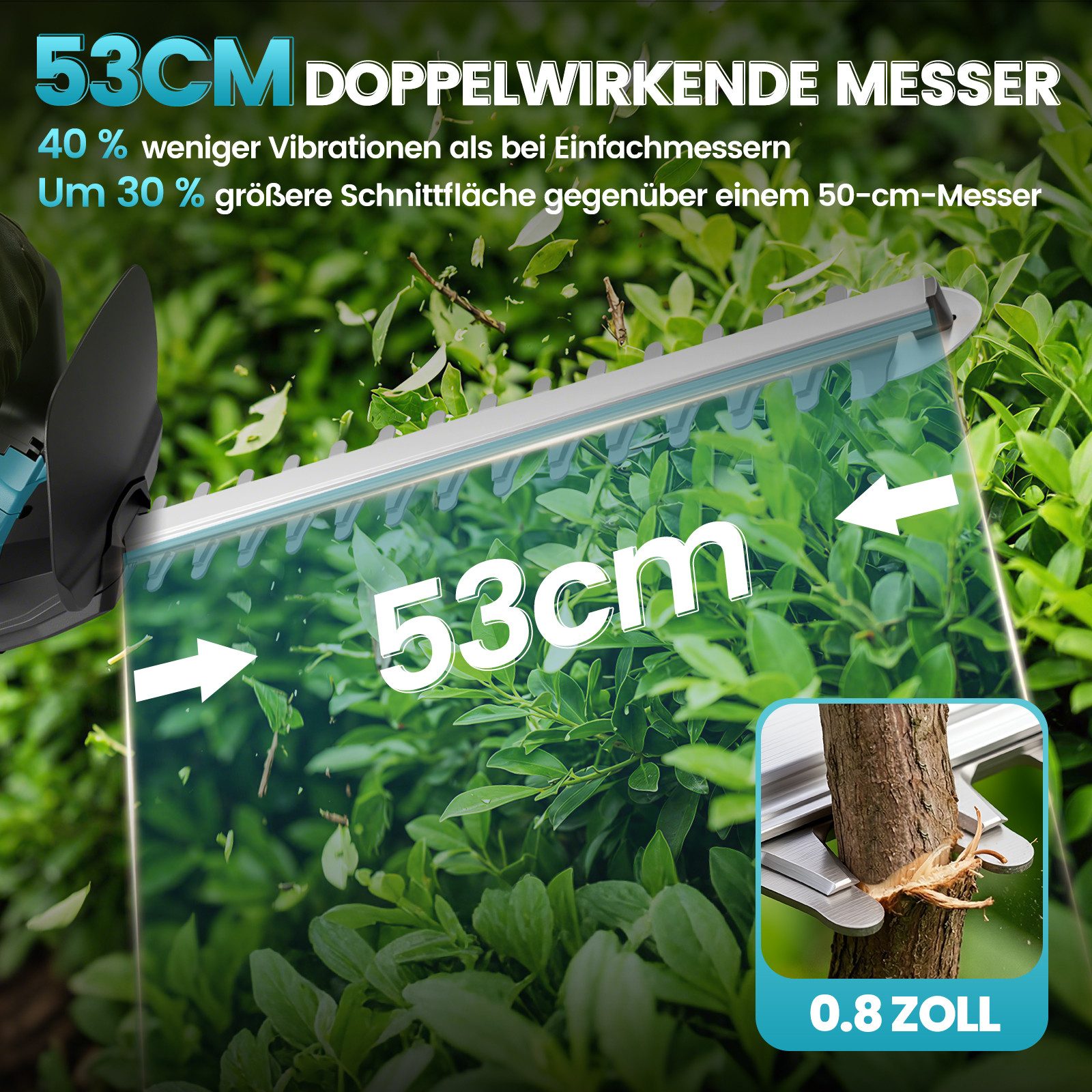 Bundviel Akku-Heckenschere Elektrisch Heckenschneider Heckentrimmer Strauchsch 2x 4Ah Akkus, Schnittlänge 53 cm, Inklusive Akku und Ladegerät – Bild 5 von 5