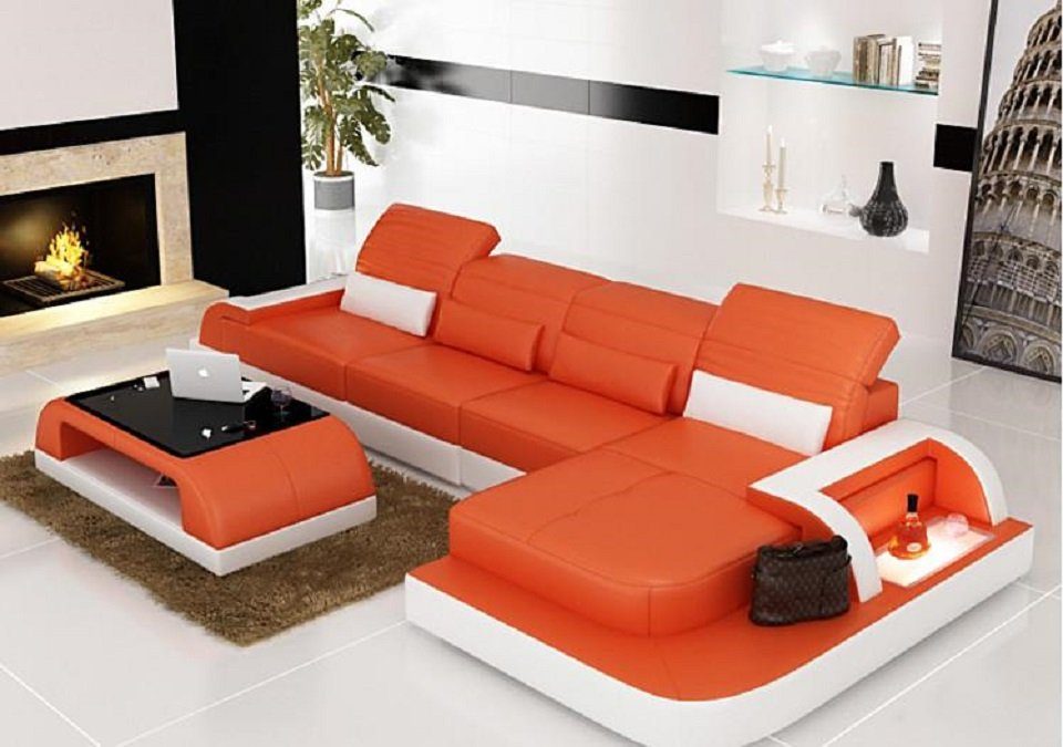 Ecke Ecksofa Ledersofa Wohnlandschaft Orange/Weiß Sofa Modern Wohnzimmer-Set JVmoebel Couchtisch + Couch