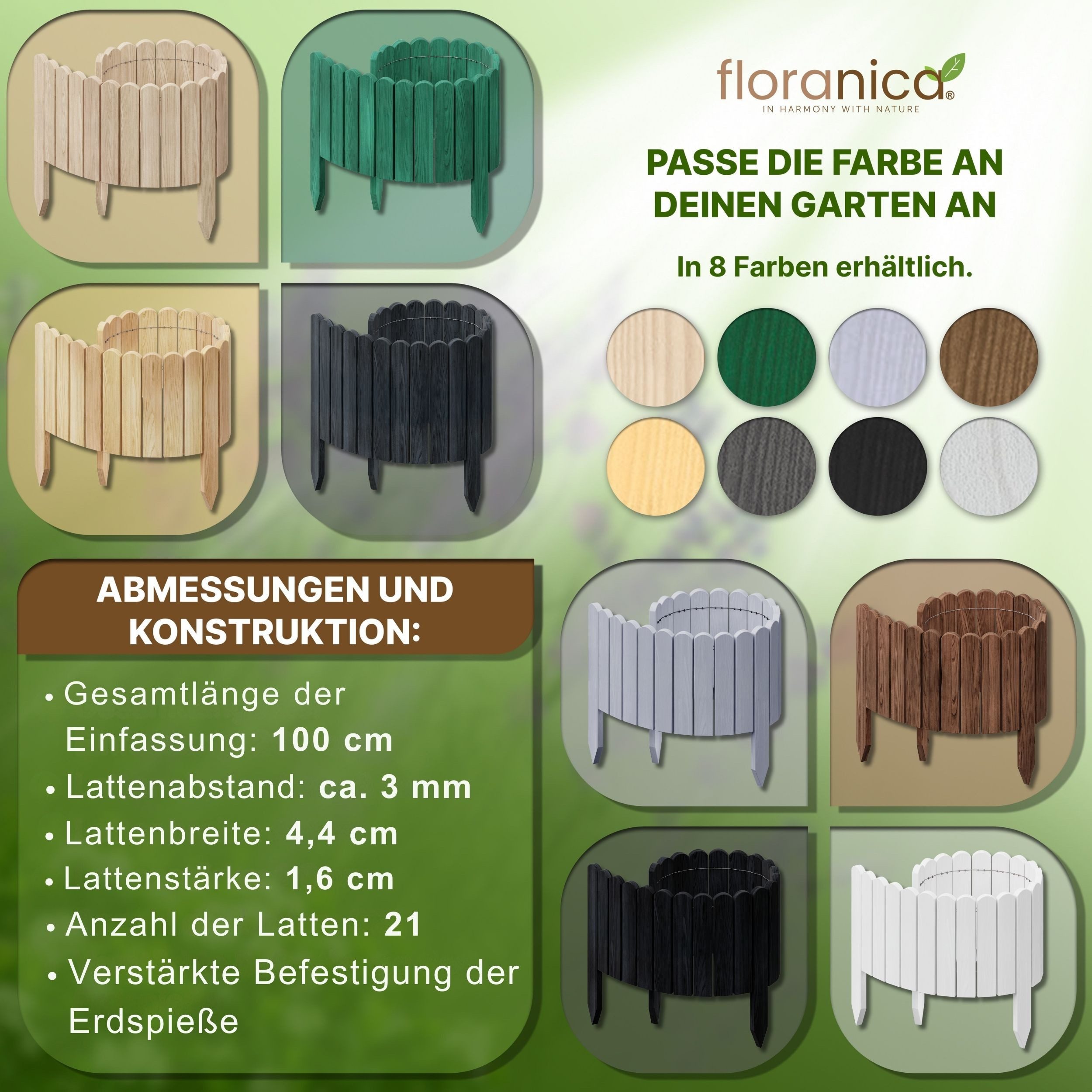 Floranica Palisade Flexible Rasenkante Beeteinfassung Beetumrandung Rasenkante aus Holz, LxH: 100x10 cm, Unimprägniert, Steckzaun - Umzäunung für Hochbeete Blumenbeeten Wege Rasenbegrenzung