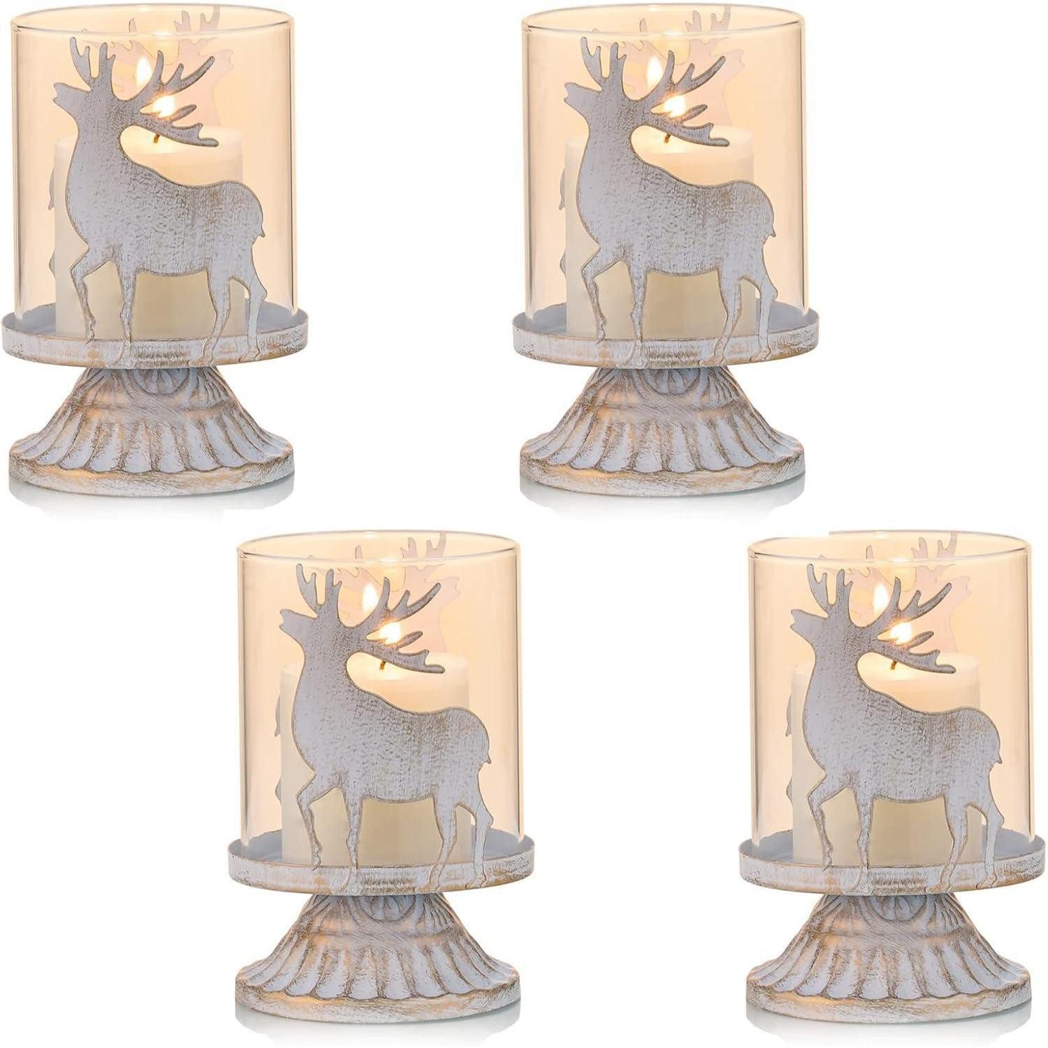 LuxusKollektion Kerzenleuchter Kerzenleuchter Windlichthalter Metall Stumpenkerzen Weiß Hirsch × 4 (1 St)