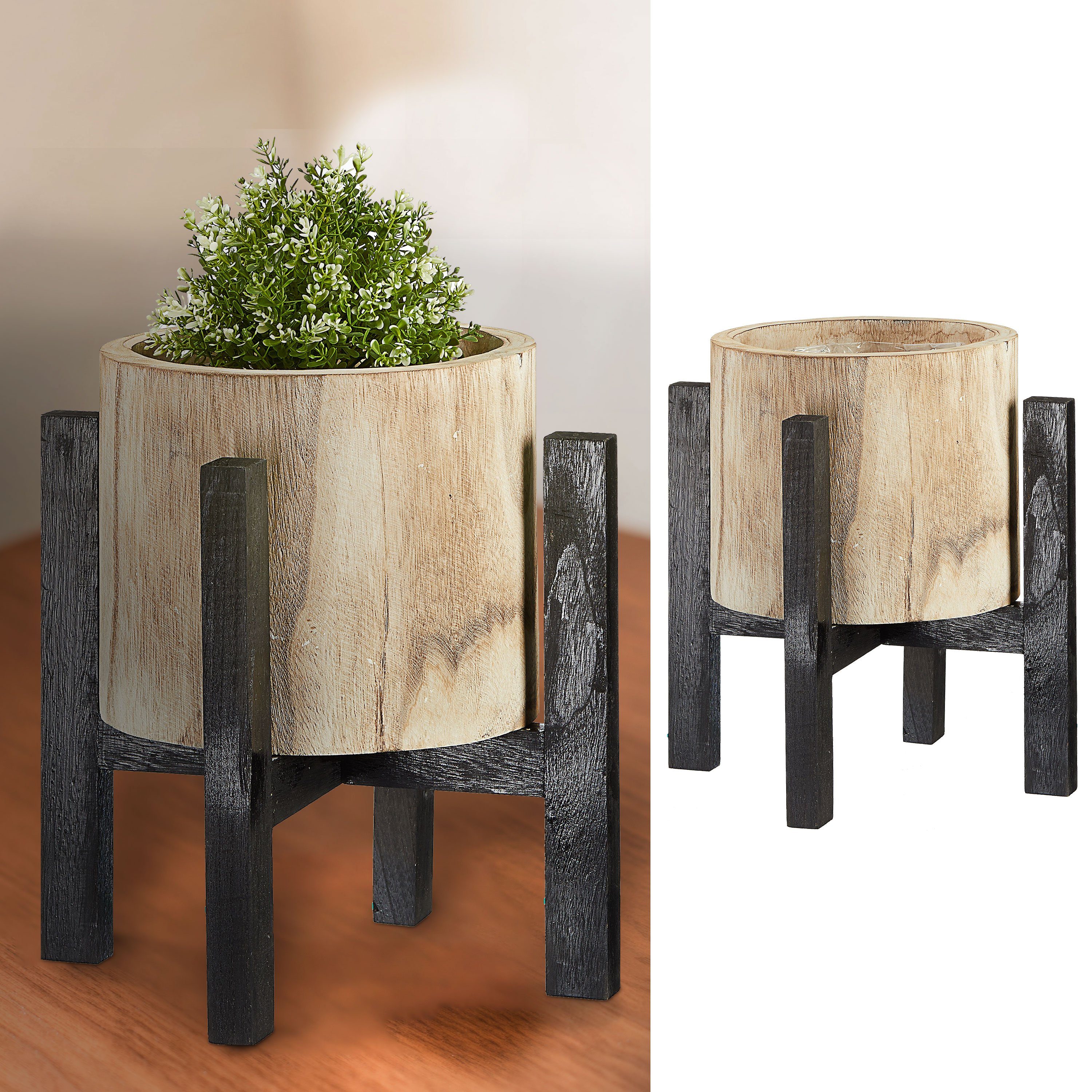 Blumentopf Blumentopf mit Ständer Holz natur schwarz 37x39cm Topf auf Füßen