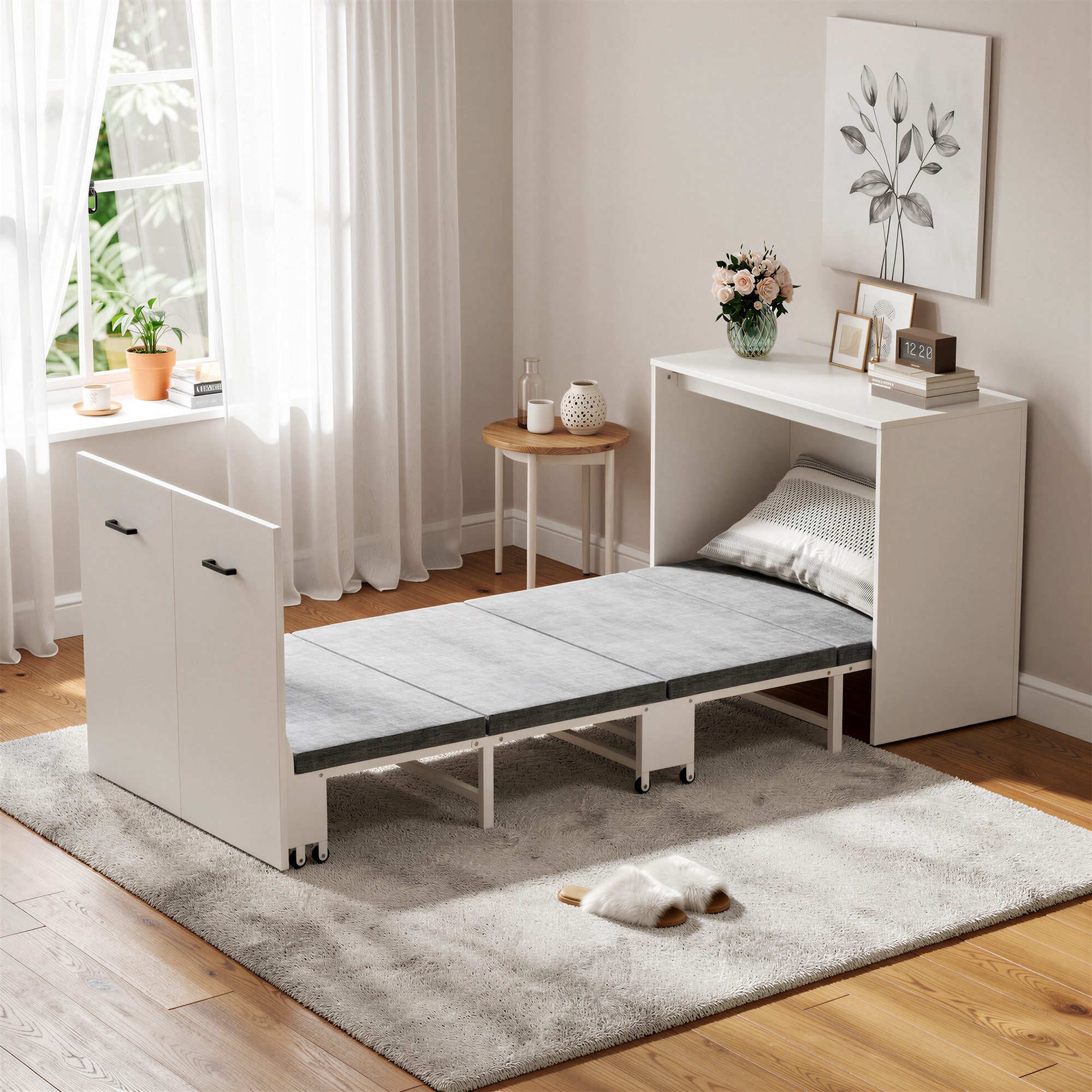 TWSOUL Schrankbett mit Matratze, klappbares Gästebett im Schrank,Platzsparendes Klappbett auf Rollen, 2-in-1 Möbel für Wohnzimmer & Gästezimmer, Weiß