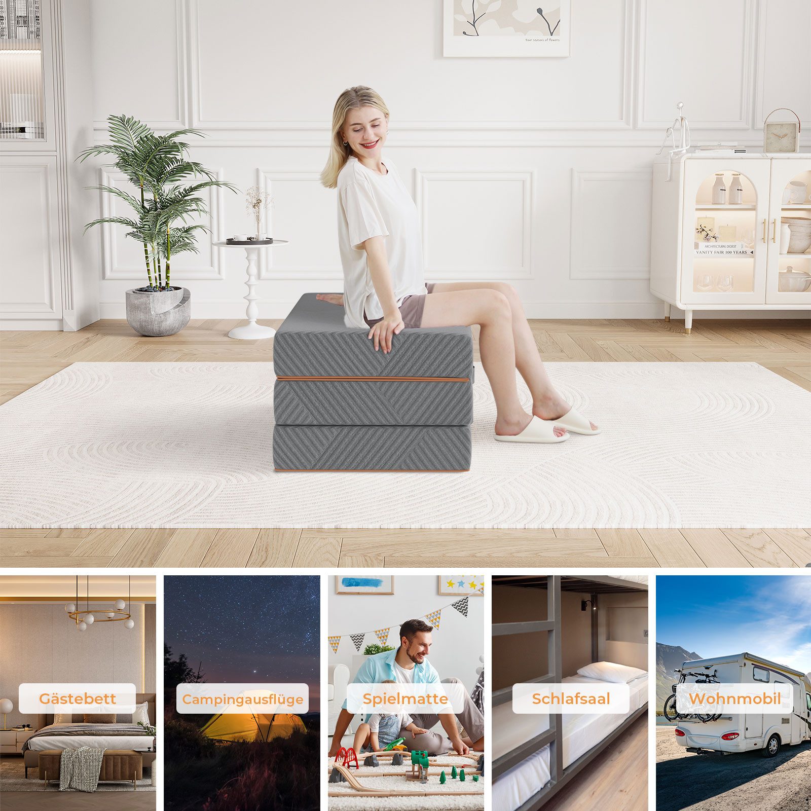 Klappmatratze 3-teilige Faltmatratze Gästematratze in grau, Vesgantti, mit waschbarem Bezug, Gel Schaumstoff Matratze