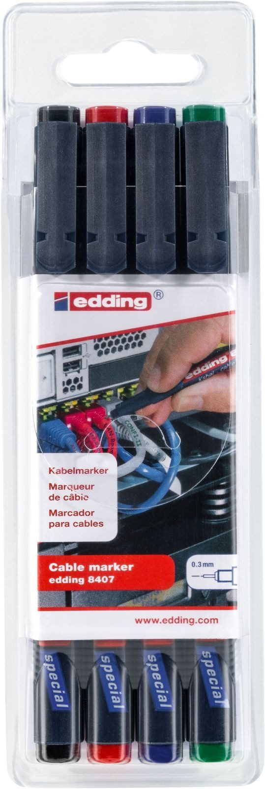 edding Marker Kabelmarker edding 8407 0,3mm schwarz, rot, blau, grün VE=4 Stück