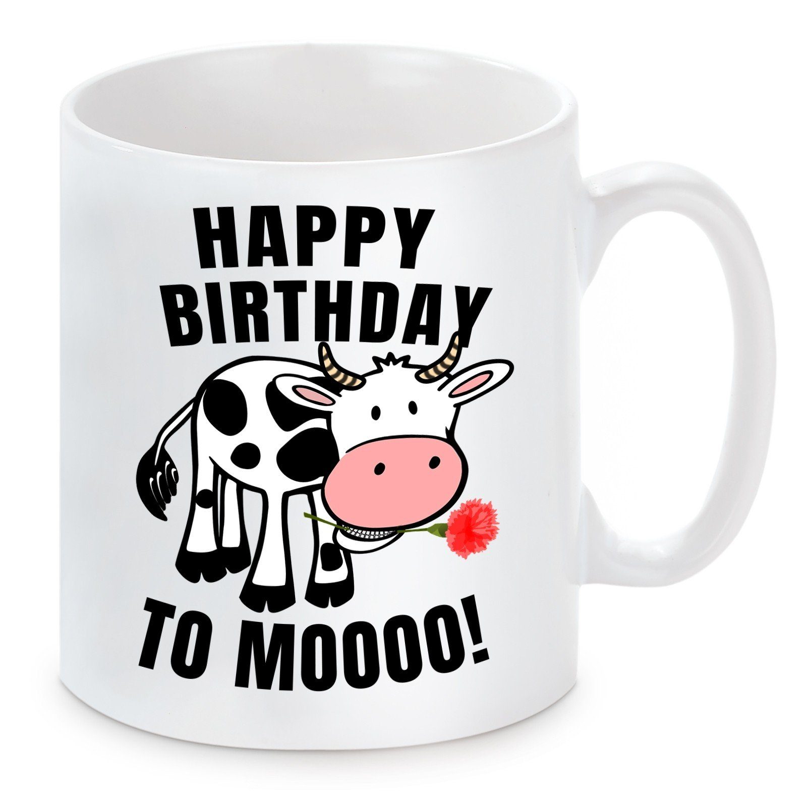 Herzbotschaft Tasse Kaffeebecher mit Motiv Happy Birthday to Mooooo, Keramik, Kaffeetasse spülmaschinenfest und mikrowellengeeignet