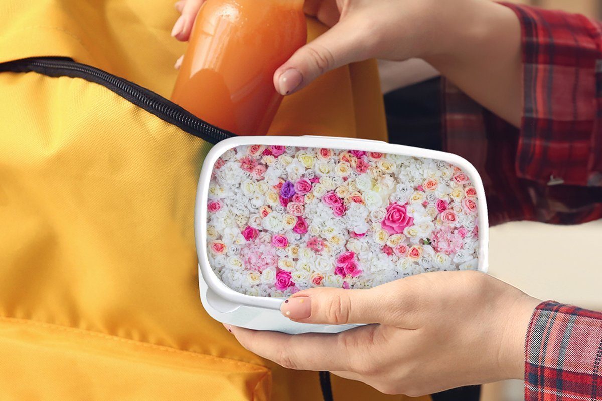 Mädchen Lunchbox für Erwachsene, - (2-tlg), weiß für Kinder Farben, und und Blume Kunststoff, MuchoWow Brotbox Brotdose, Rosen - Jungs