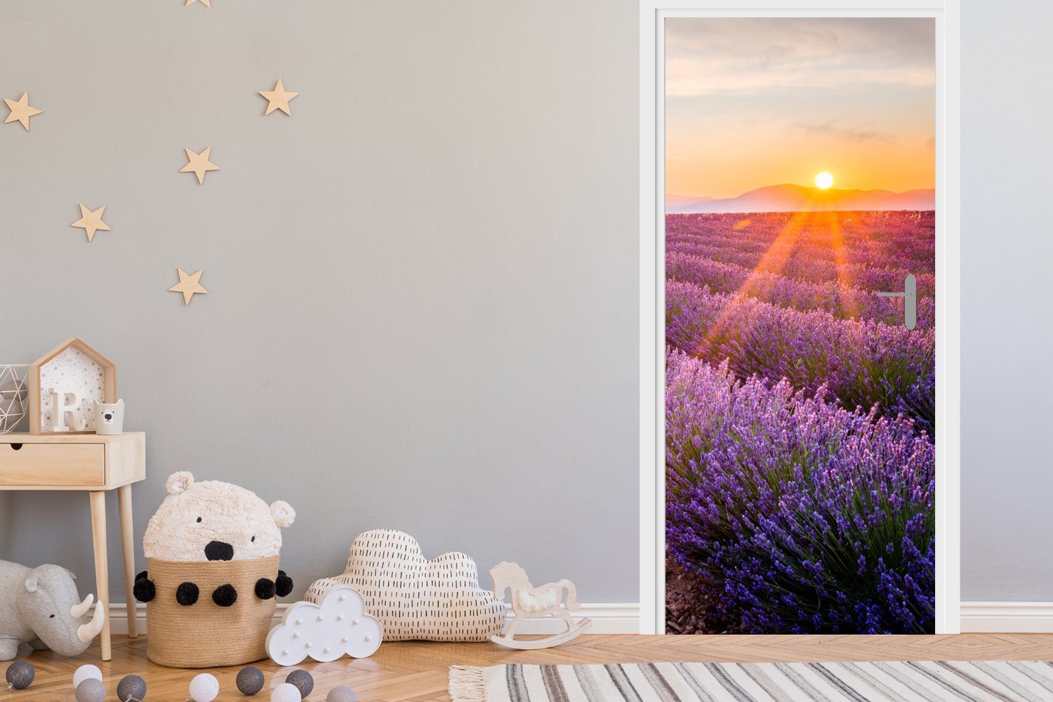 Fototapete Lavendel - Türtapete Matt, Sonnenuntergang Tür, St), Lila, Blumen für Türaufkleber, - cm bedruckt, 75x205 - MuchoWow (1