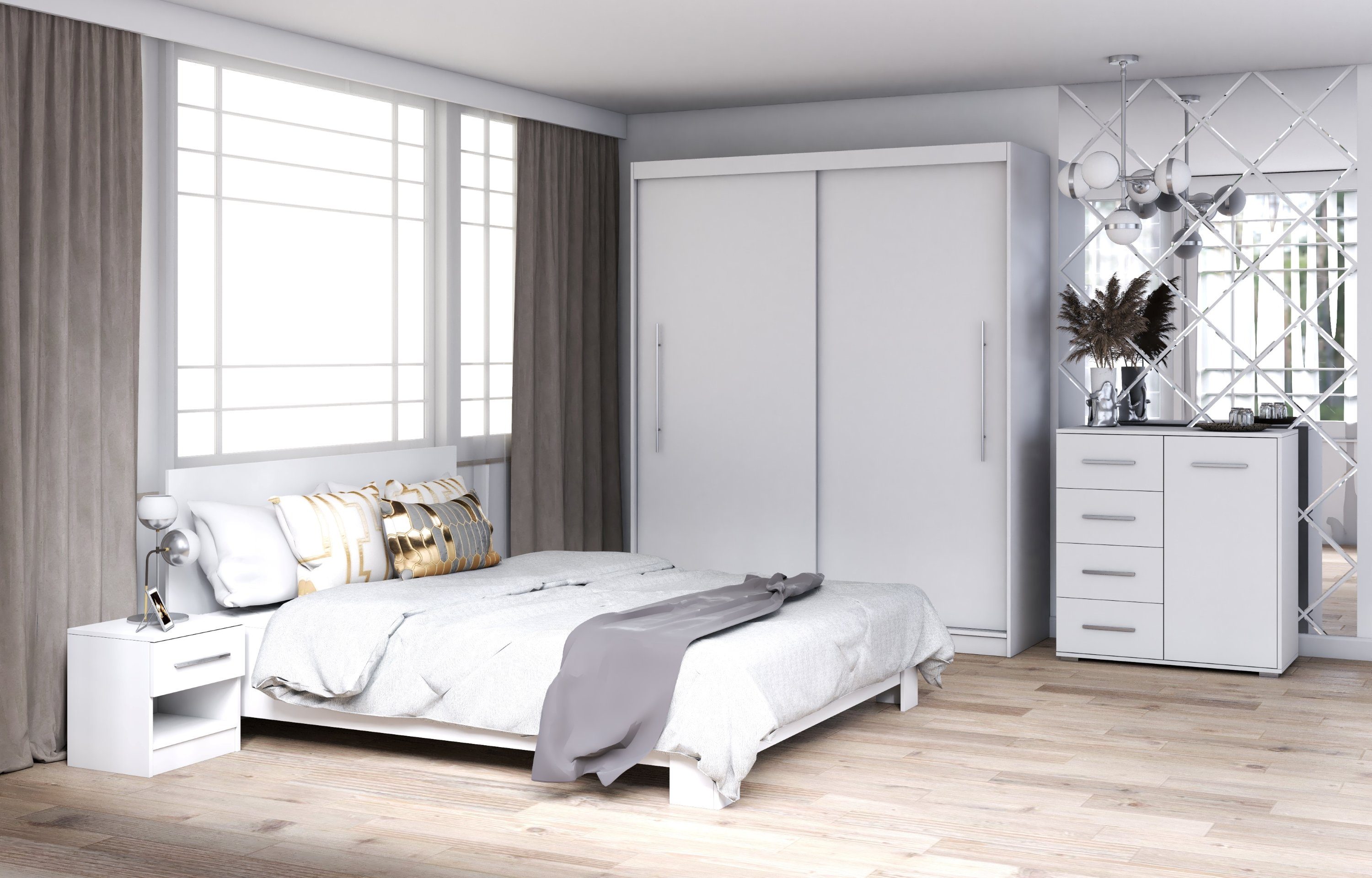 Polini Home Komplettschlafzimmer Schlafzimmer Set in Weiß 5-teilig von  Polini Home, mit Kleiderschrank, Kommode, zwei Nachttischen und  Doppelbettgestell