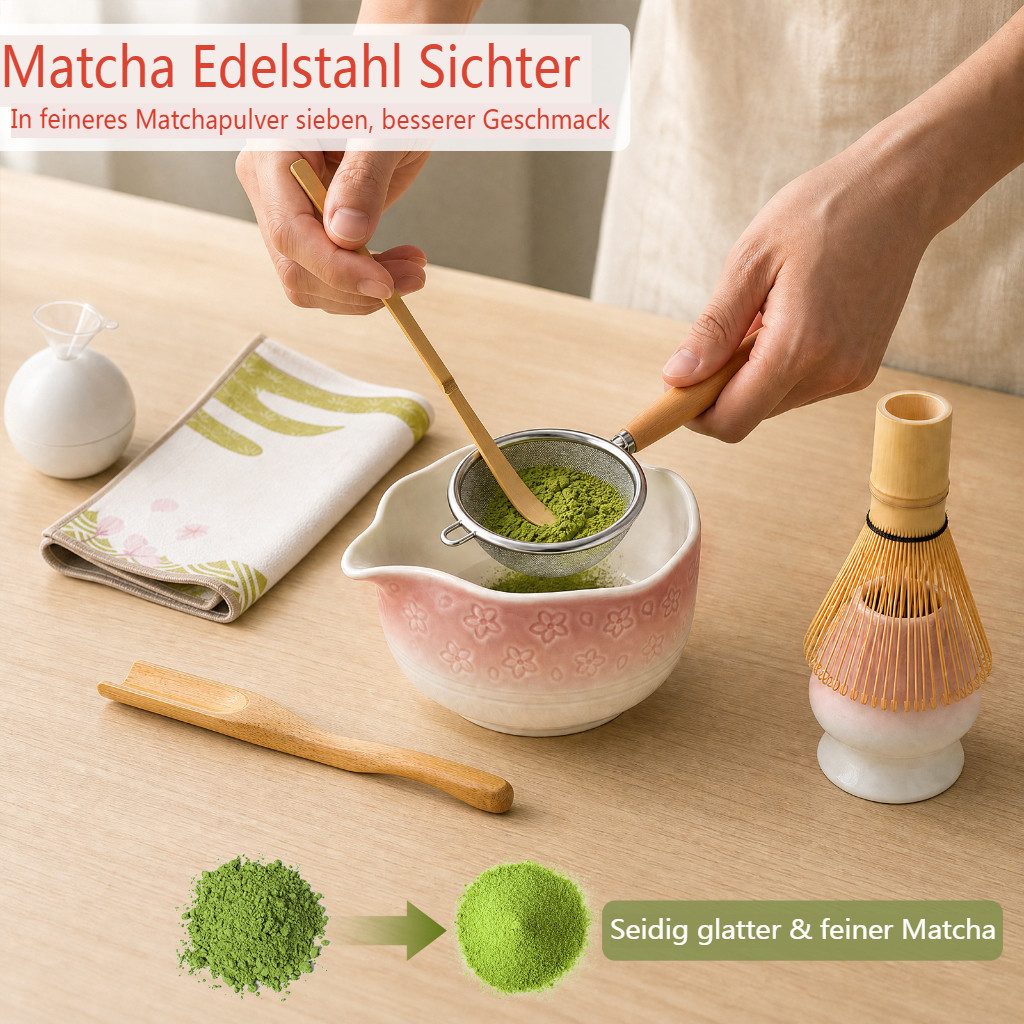 VONATES Teeservice 9tlg. Matcha Set mit Matcha-Schale, Bambus-Besener & Halter, Sieb, Löffel, Tuch, Eisform, aus Bambus und Keramik für Teezeremonie – Bild 4 von 5