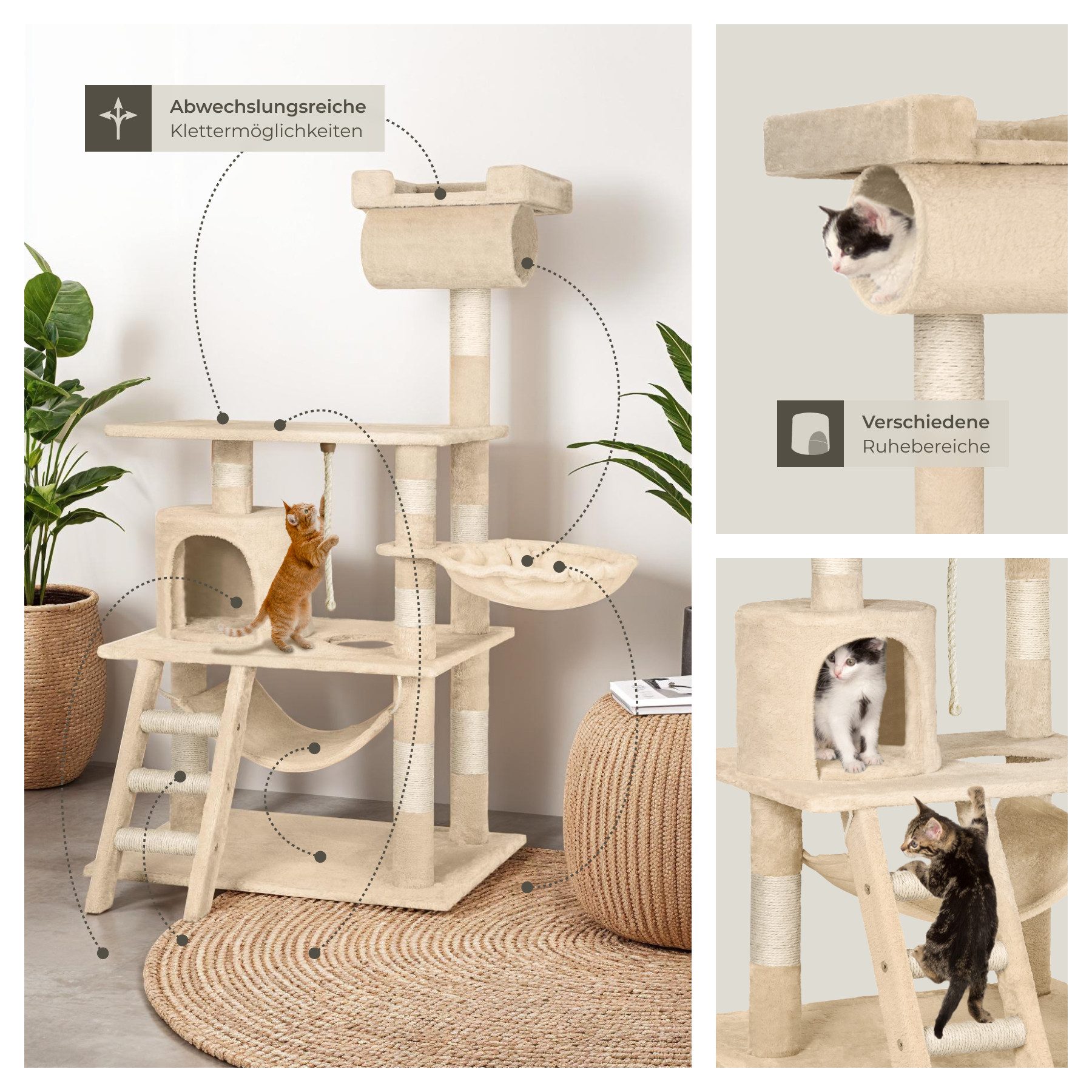 tectake Kratzbaum Katzenbaum Stokeley 141 cm Diverse Farben, Vielseitig mit robusten Sisalstangen und Plüschoberfläche