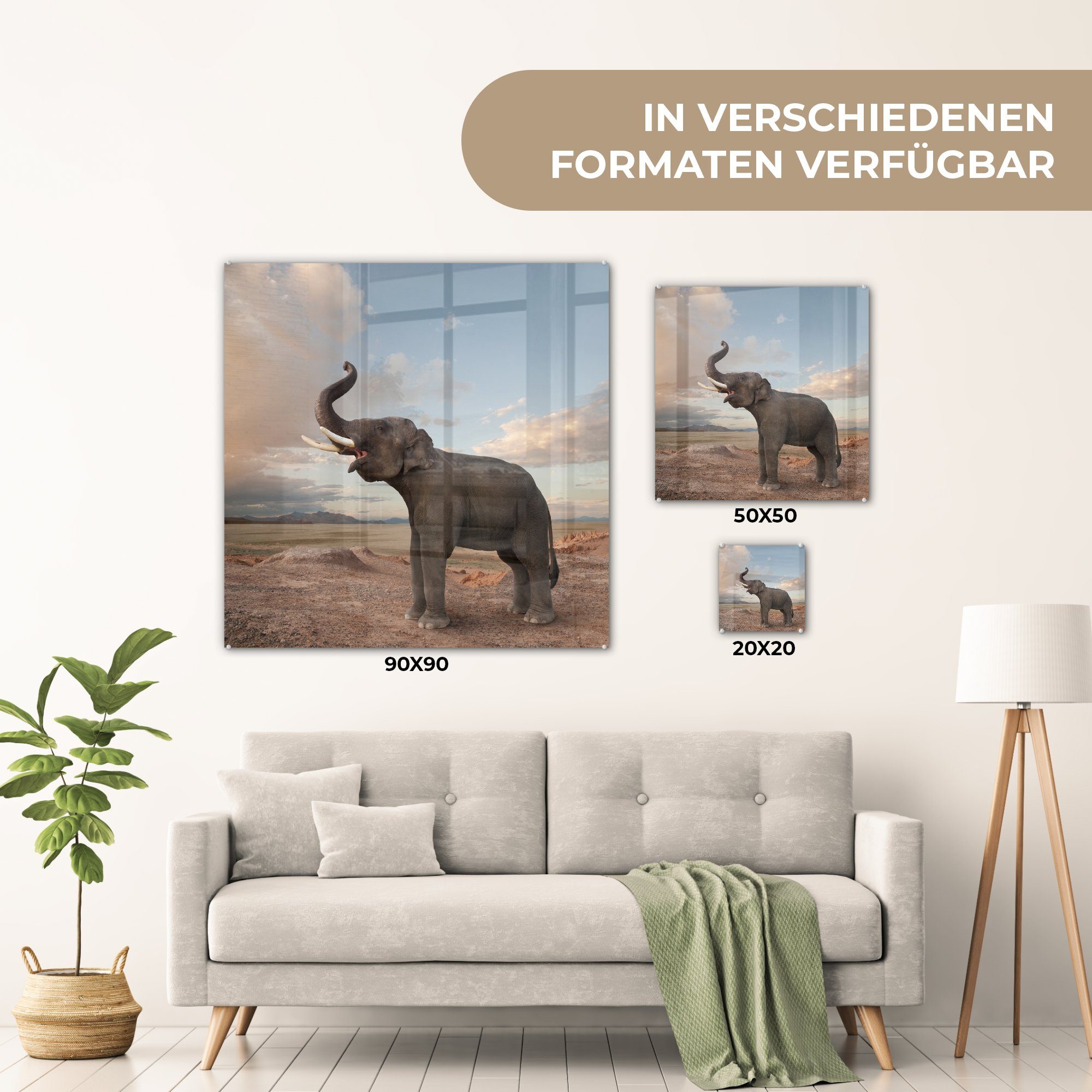 in Wanddekoration MuchoWow Wandbild Glasbilder auf - Trompetender bunt Wüste, - Bilder St), Elefant (1 Foto Glas - Glas Acrylglasbild der auf