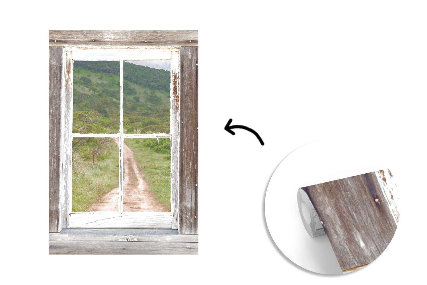 Durchblick Fototapete Montagefertig - MuchoWow Matt, bedruckt, Afrika, - Wohnzimmer, Vinyl für St), (3 Holz Wandtapete Tapete