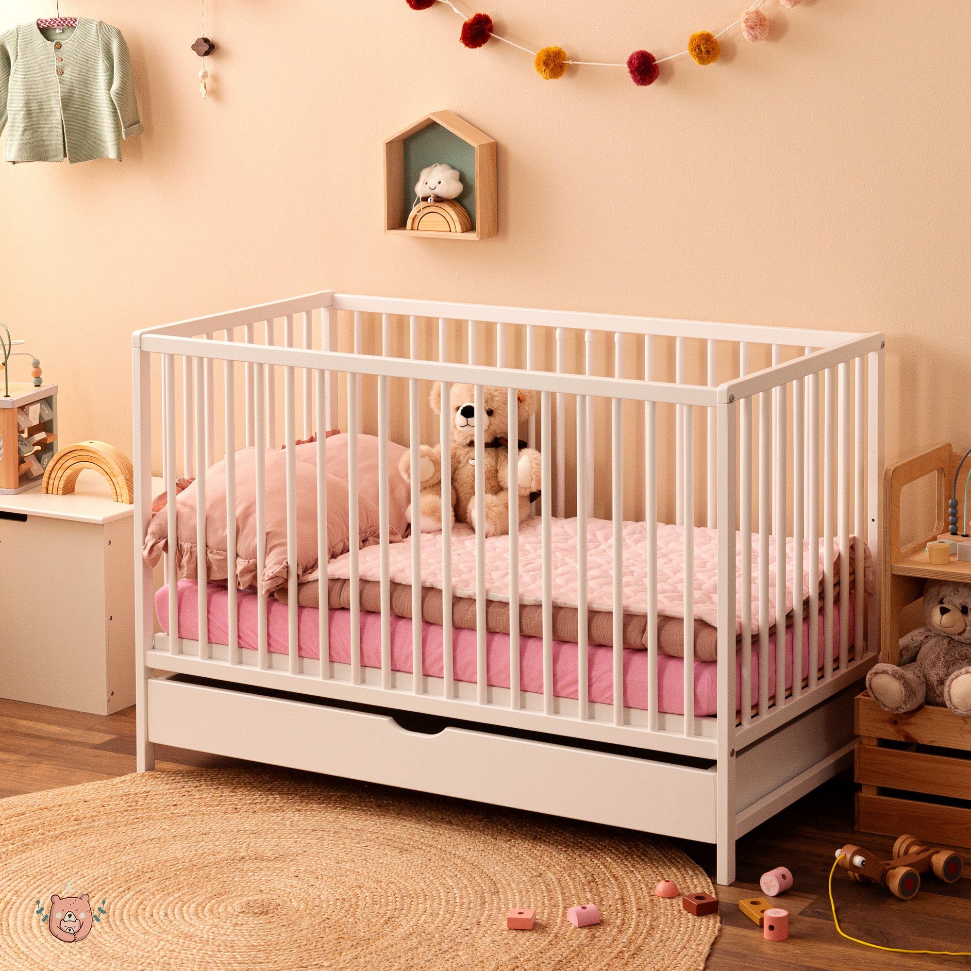 Top-Management-Position Alcube Babybett I mit mit Schublade höhenverstellbar Nachhaltig Babybett Schublade umbaubar FSC®-Zertifikat, Buche - mit 60x120 FINN und Weiß aus