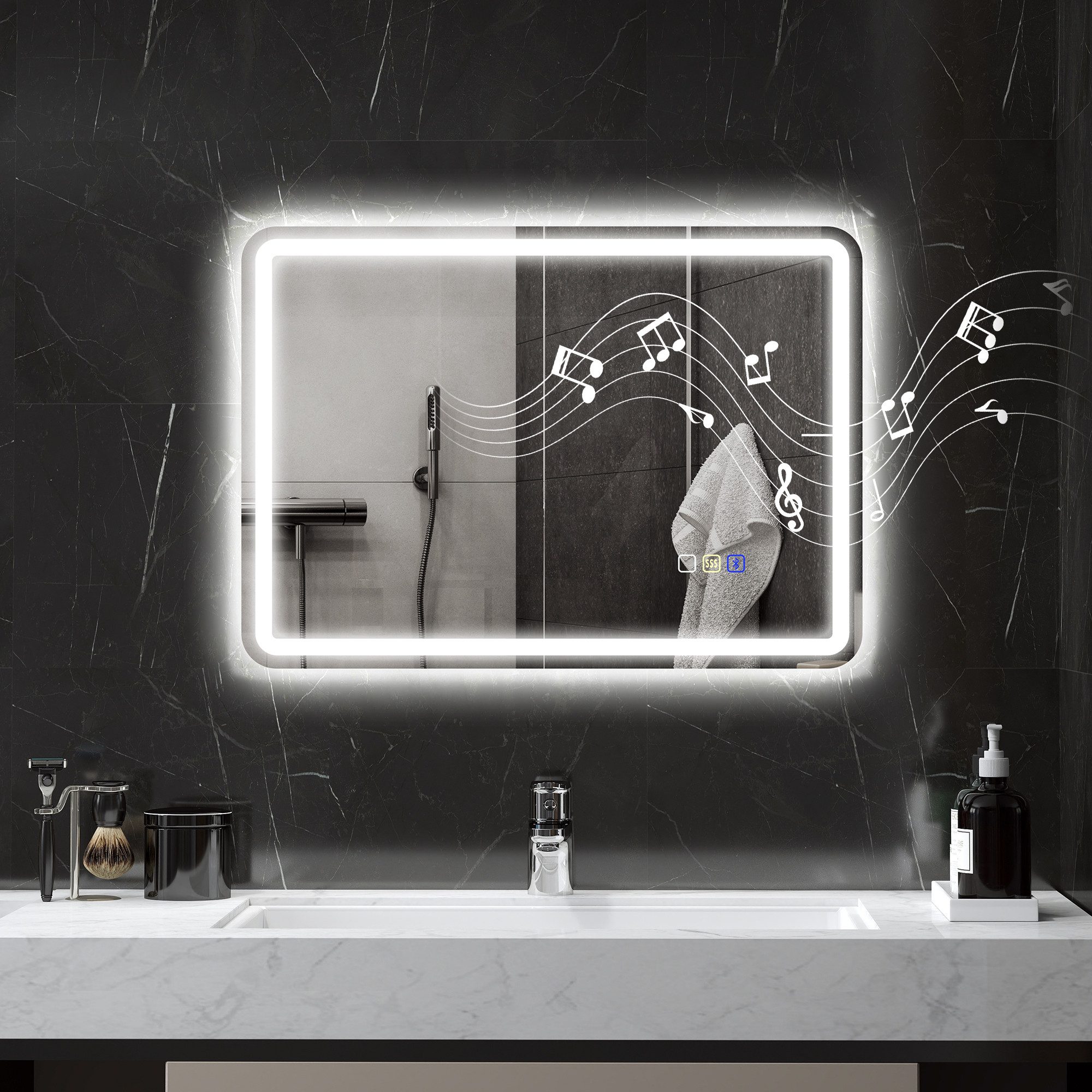 HOMCOM Зеркало для ванной комнаты mit Beleuchtung 70x50 cm LED Зеркало mit Bluetooth-Musikfunktion (Wandspiegel mit Touchschalter Memory-Funktion, 1-St., Lichtspiegel Beschlagfrei), mit 3 Lichtfarben Silber