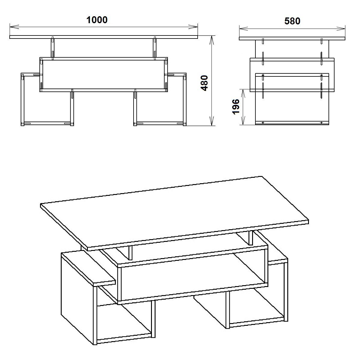 Rodnik Eiche Ablageflächen 2 Tandem, viele Couchtisch Sonoma ABS-Kanten, mm