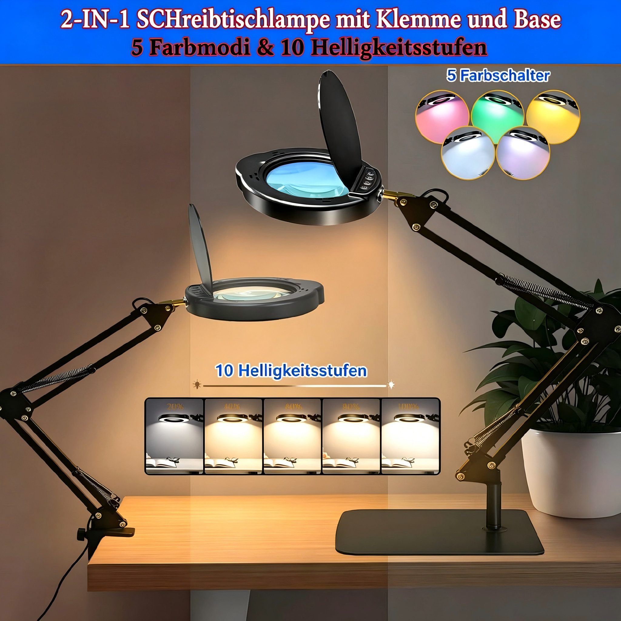 AIBISTAR Lupenlampe 15X LED Lupenlampe mit Klemme & Standfuß, dimmbar, LED wechselbar, Warmweiß bis Kaltweiß, 15X Vergrößerung, 84 LEDs dimmbar, 5 Lichtmodi