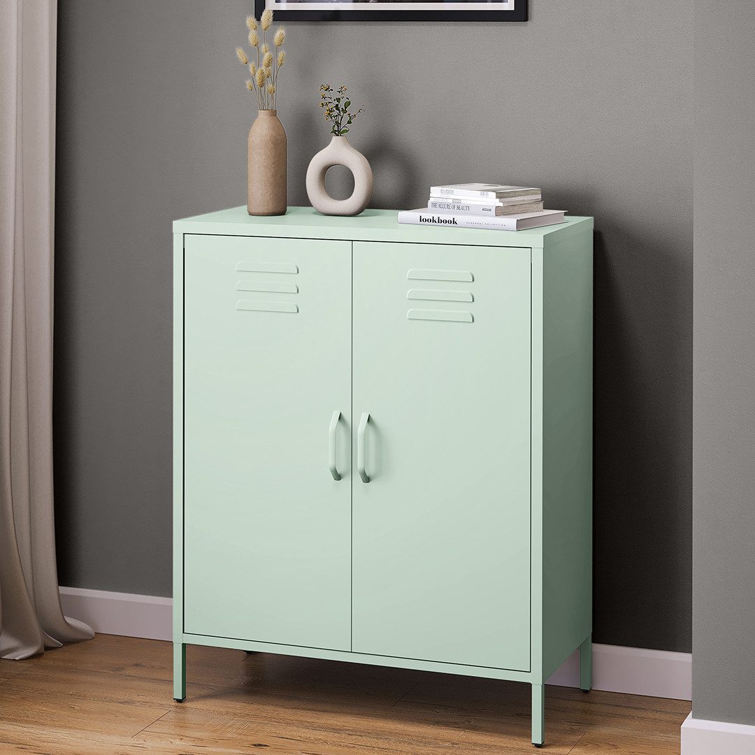 skølm Kommode Atria aus Metall (Pastellgrün, 3 Fächer), höhenverstellbare Böden, Highboard auch verfügbar mit Schubladen