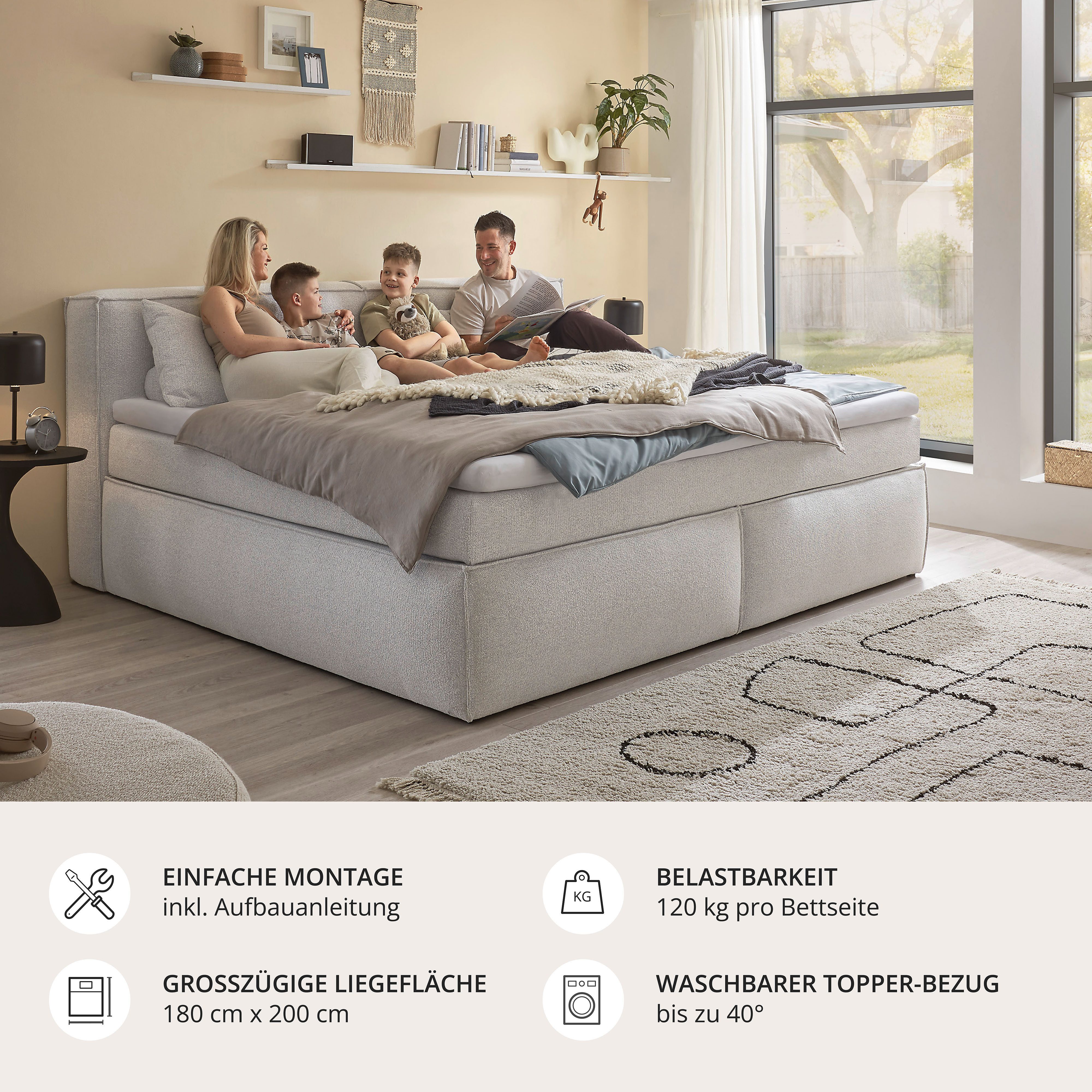 ED EXCITING DESIGN Boxspringbett Sandon erhältlich in 180cm oder als Familienbett 240cm Breite, 7-Zonen-Federkern H3/H4 mit Kokosmatte und Topper (waschbar)