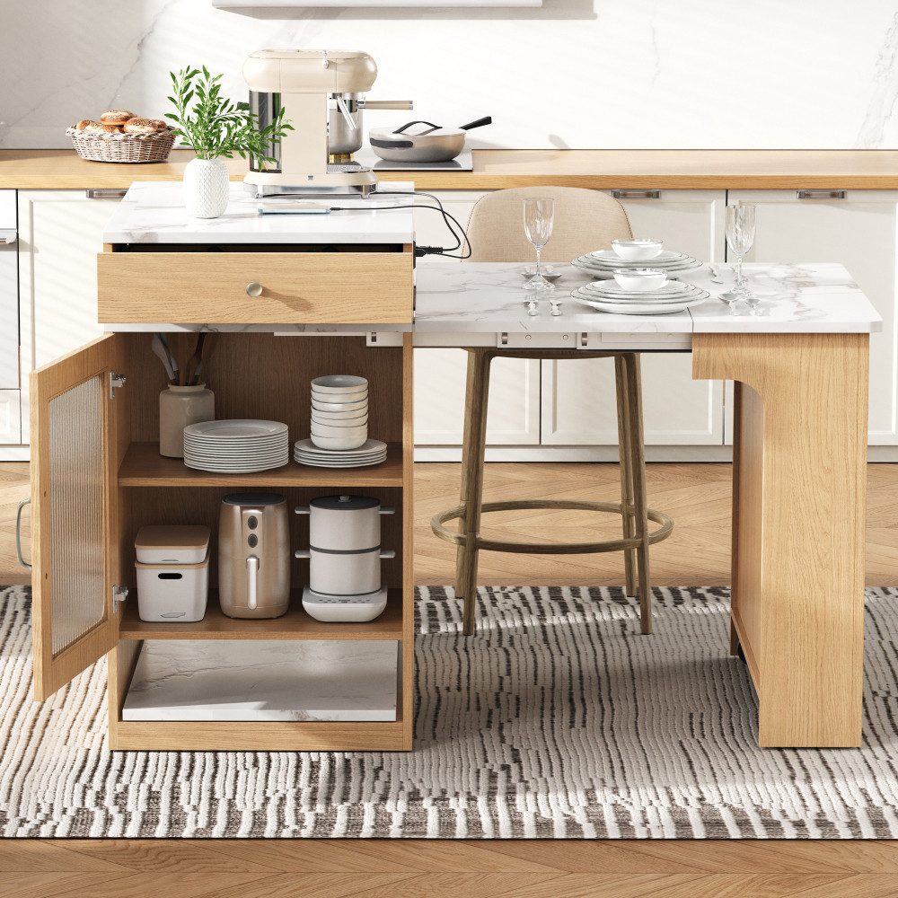 BBWL Kücheninsel mit Rollen Ausziehbarer Esstisch, abnehmbarer Tischplatte, Kücheninsel mit Steckdosen, Sideboard mit Stauraum