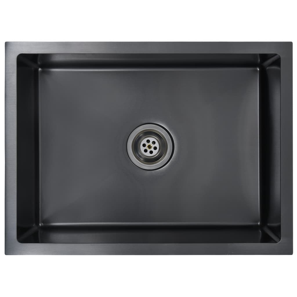 vidaXL Küchenspüle Küche Spülbecken Massive Einbauspüle mit Sieb Schwarz Edelstahl, 59/44 cm