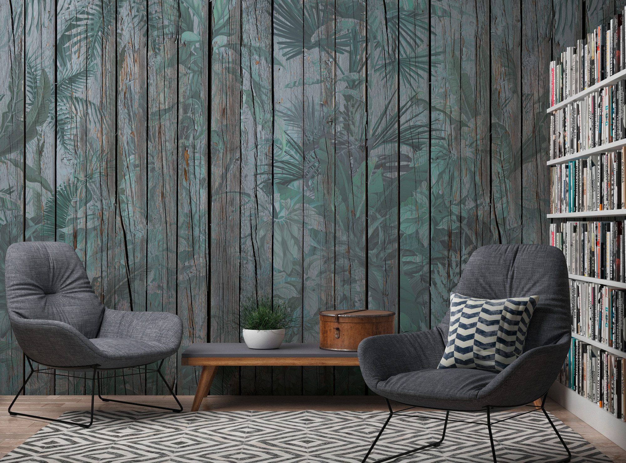A.S. Création Vliestapete Fototapete Holzoptik Grau Dschungelmuster Tropisch, strukturiert, matt, (1 St)