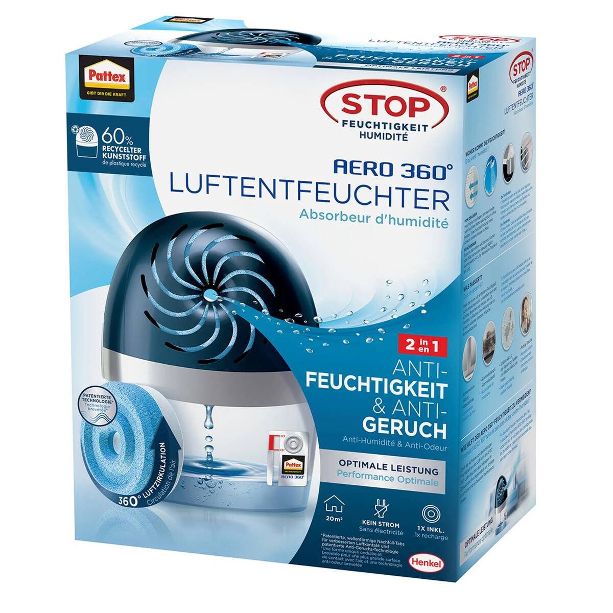 Pattex Luftentfeuchter AERO 360°, 360° Luftzirkulation, bis 3 Monate, Anti-Geruch