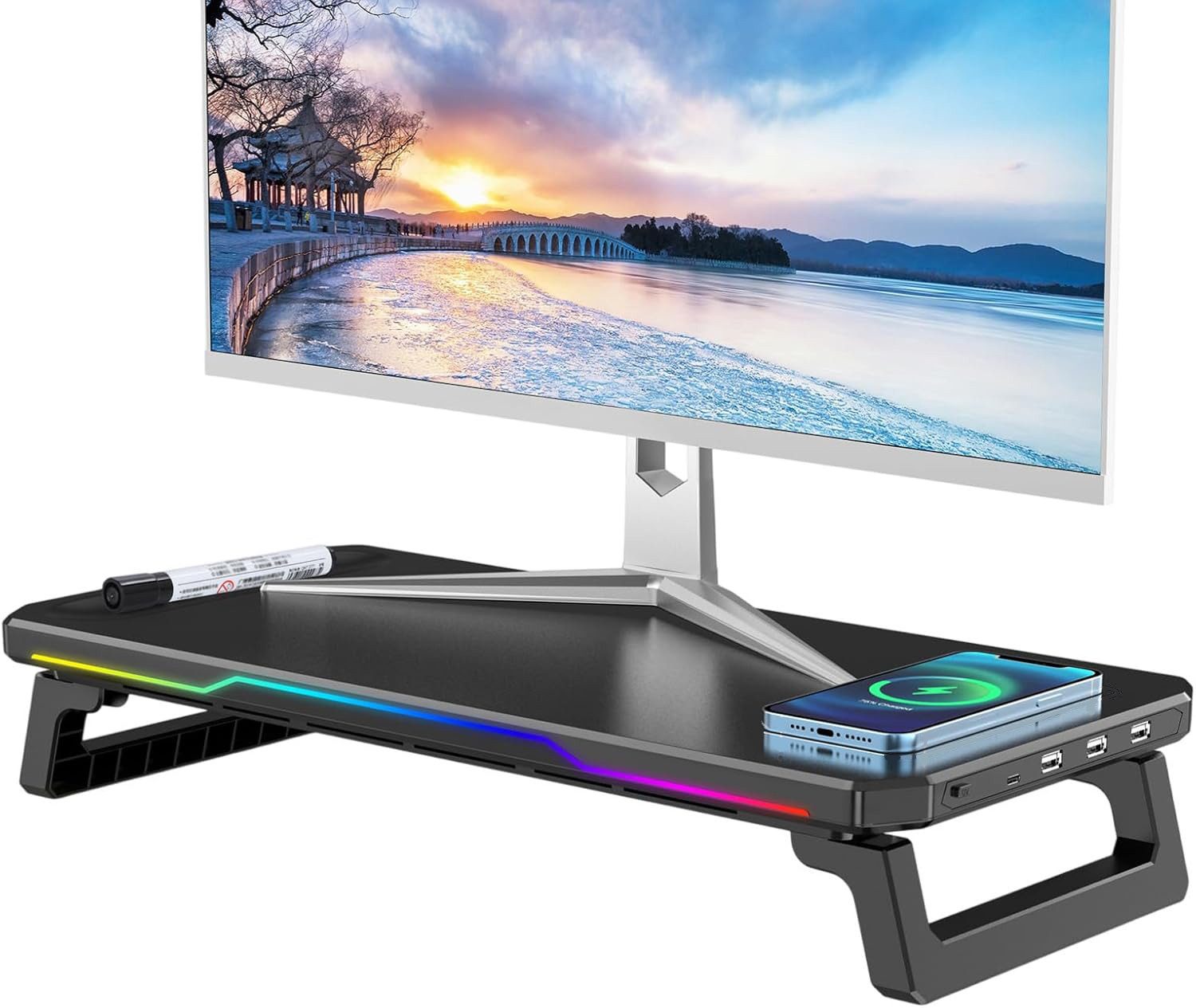 Fyrove Monitorständer RGB Monitorständer mit 3 USB-A, Type-C & kabellosem Laden, (Klappbar, ergonomisch & platzsparend)