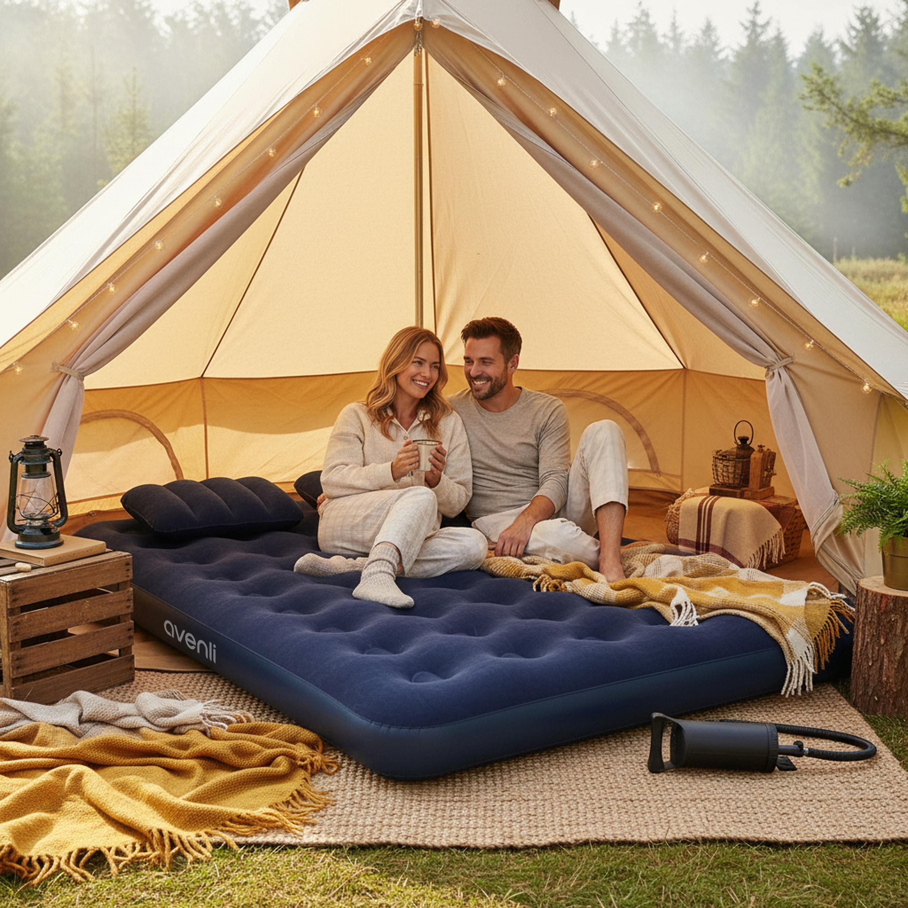Avenli Luftbett Camping Set für 2 Personen mit Pumpe & Kissen 203x152x22cm Queen-Size, (Luftmatratze aufblasbar Ideal als Reisebett oder Isomatte, 1-tlg., Set inklusive Luftpumpe und Luftkissen), für Indoor und Outdoor mit beflockter Oberfläche