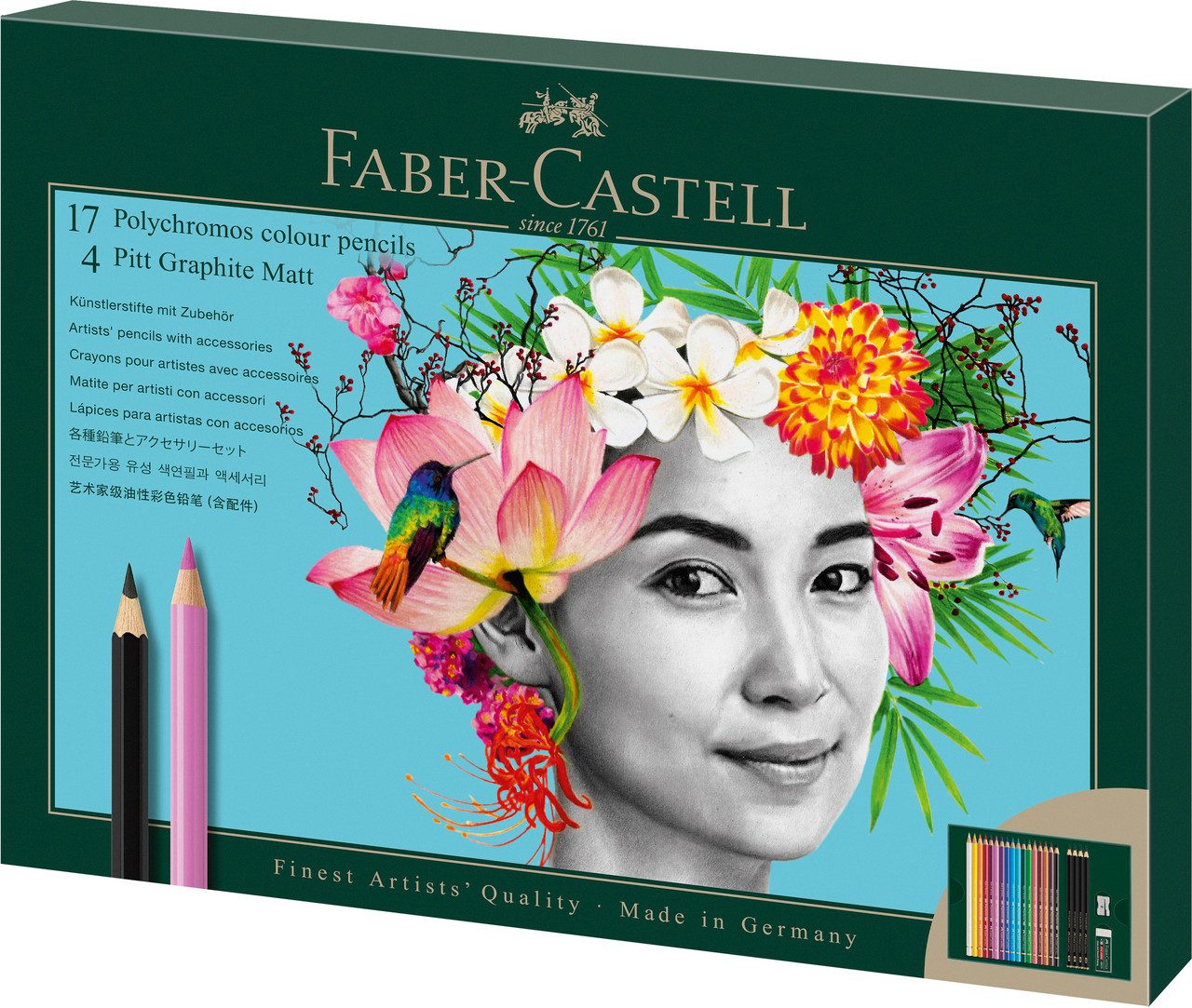 Faber-Castell Künstlerstift Polychromos & Pitt Graphite Matt, 17 Buntstifte, 4 Graphitstifte, 1 Metallspitzer, 1 Kunststoffradierer