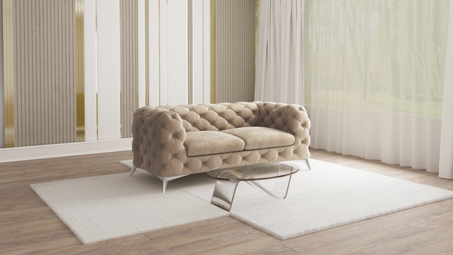 S-Style Möbel 2-Sitzer Chesterfield Kalina mit Füßen, Wellenfederung Silber Metall mit Sofa Creme Dunkle