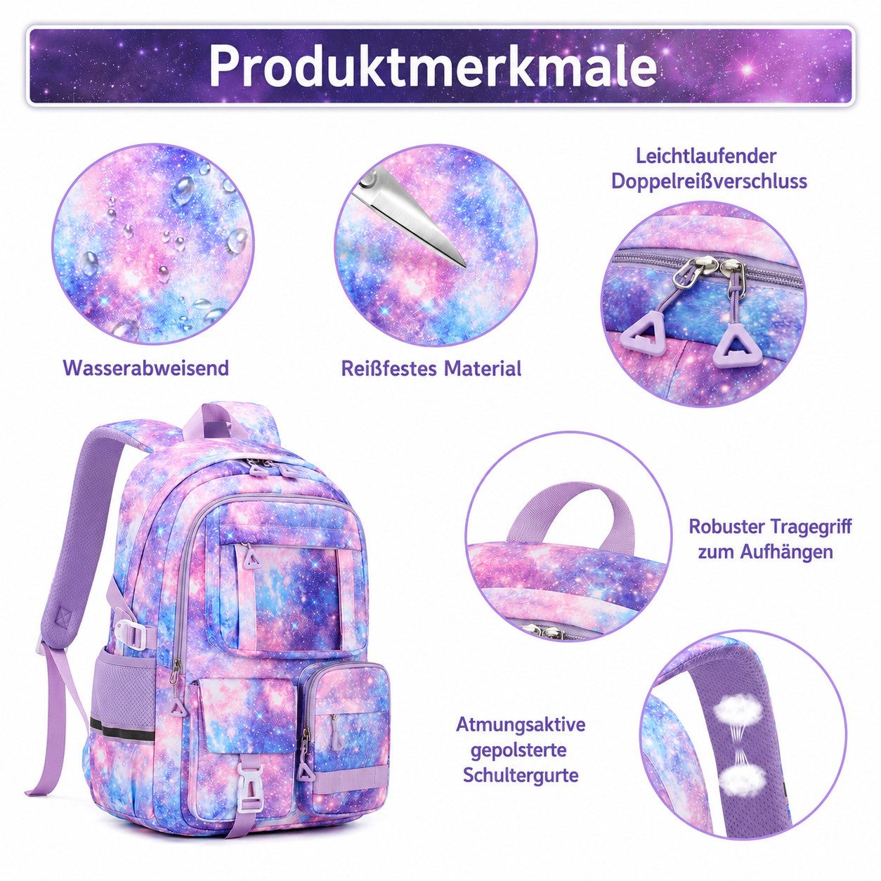 MOPUEA Schulrucksack Set 3-tlg Schultasche Wasserabweisend Viele Fächer (Set, 3-tlg., Geräumiges und funktionales Design), Praktisches Set mit Federmäppchen und – Bild 2 von 5