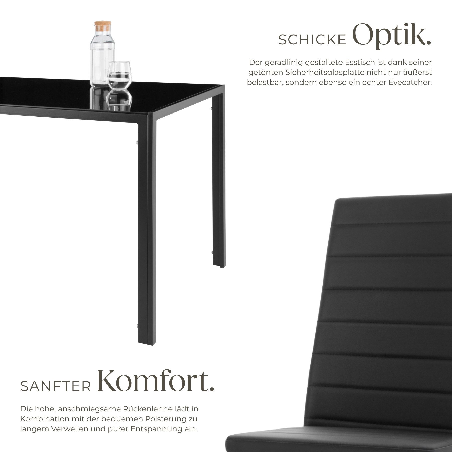 tectake Sitzgruppe Essgruppe Berlin 4+1, gepolstert mit Kunstlederbezug, schwarz, (Set., 5-tlg., Esstisch mit 4 Stühlen), Robuste Tischplatte aus Sicherheitsglas