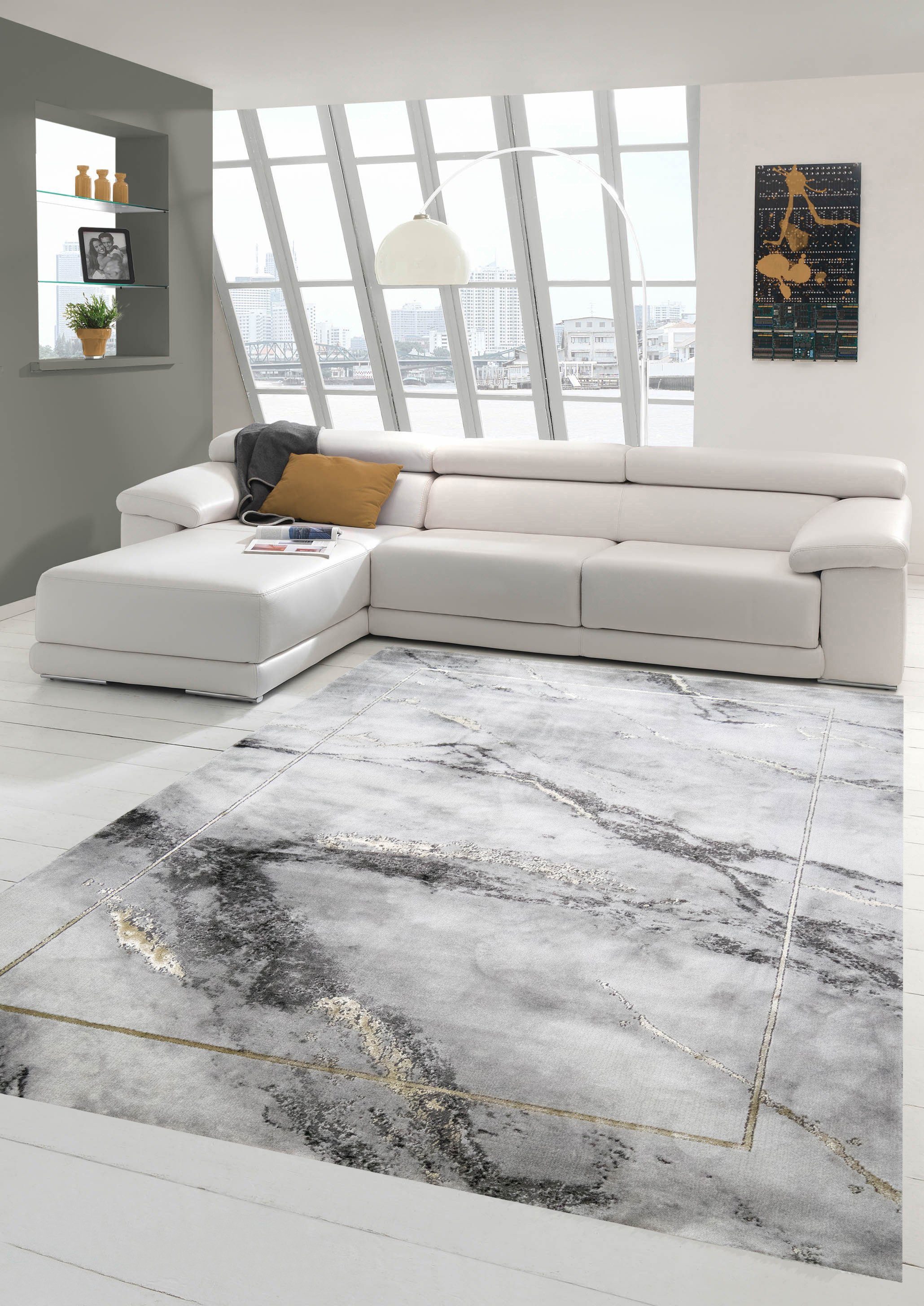 Teppich Teppich modern Wohnzimmer Teppich Marmor Optik in grau gold, Teppich-Traum, rechteckig, Höhe: 12 mm