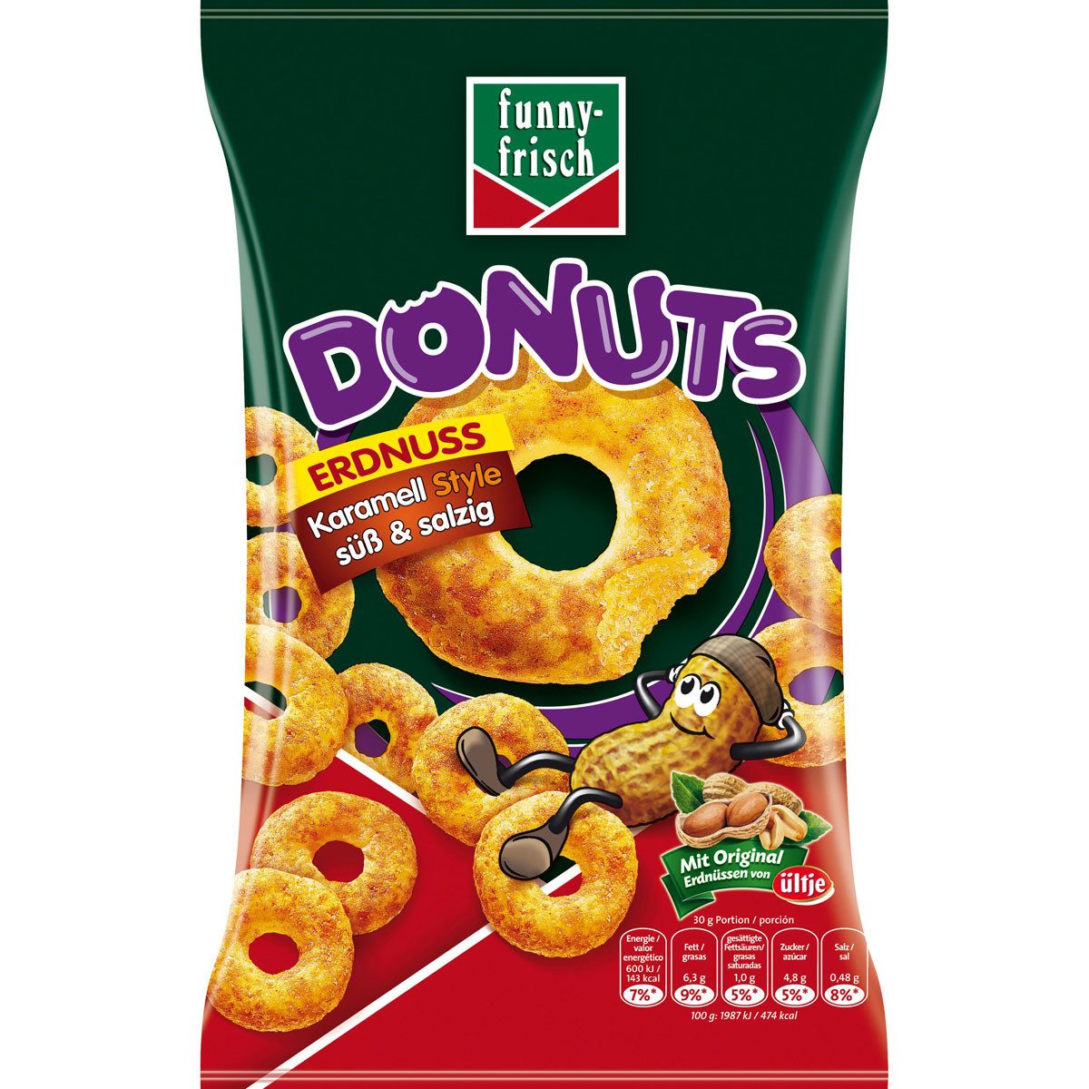 funny-frisch Knabberei, funny frisch Donuts Erdnuss Karamell Style süß und salzig 110g