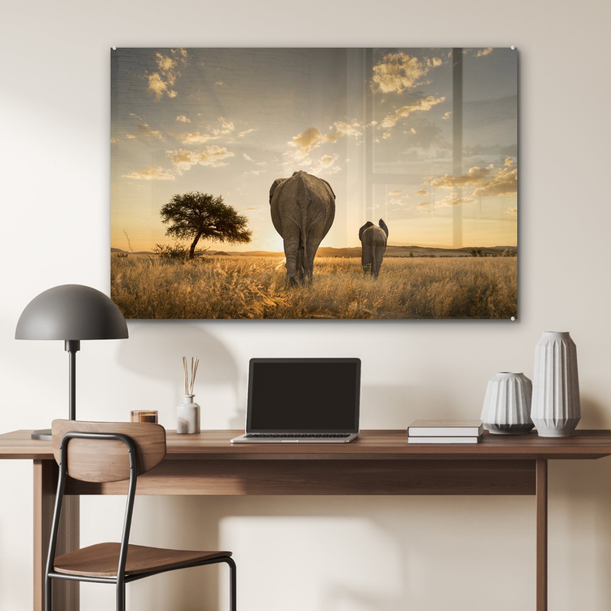 MuchoWow Acrylglasbild Savanne für Elefanten Acrylglasbilder bunt (1 St), und Wohnzimmer & Schlafzimmer Kälber