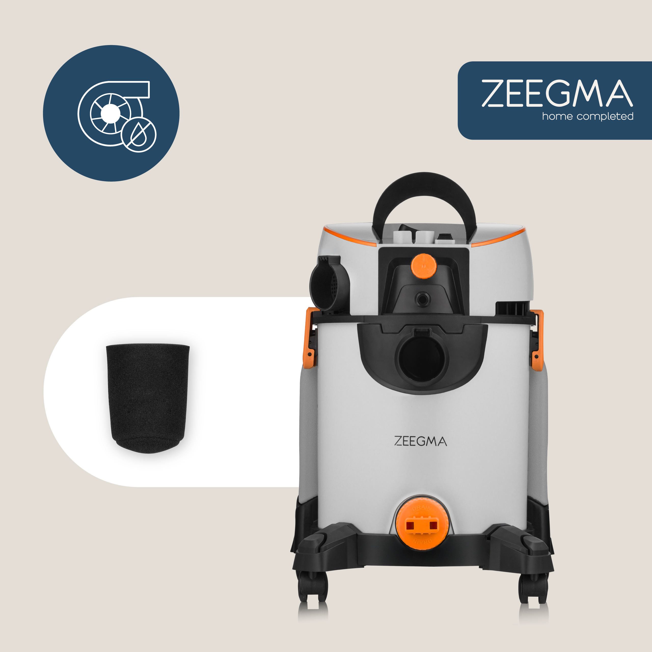 Zeegma Wasch-Sauger ZONDER WASH GREY, 1400 W, beutellos, mit Beutel, Blasfunktion/Leistungregulierung 800-1400W/4L Wassertank