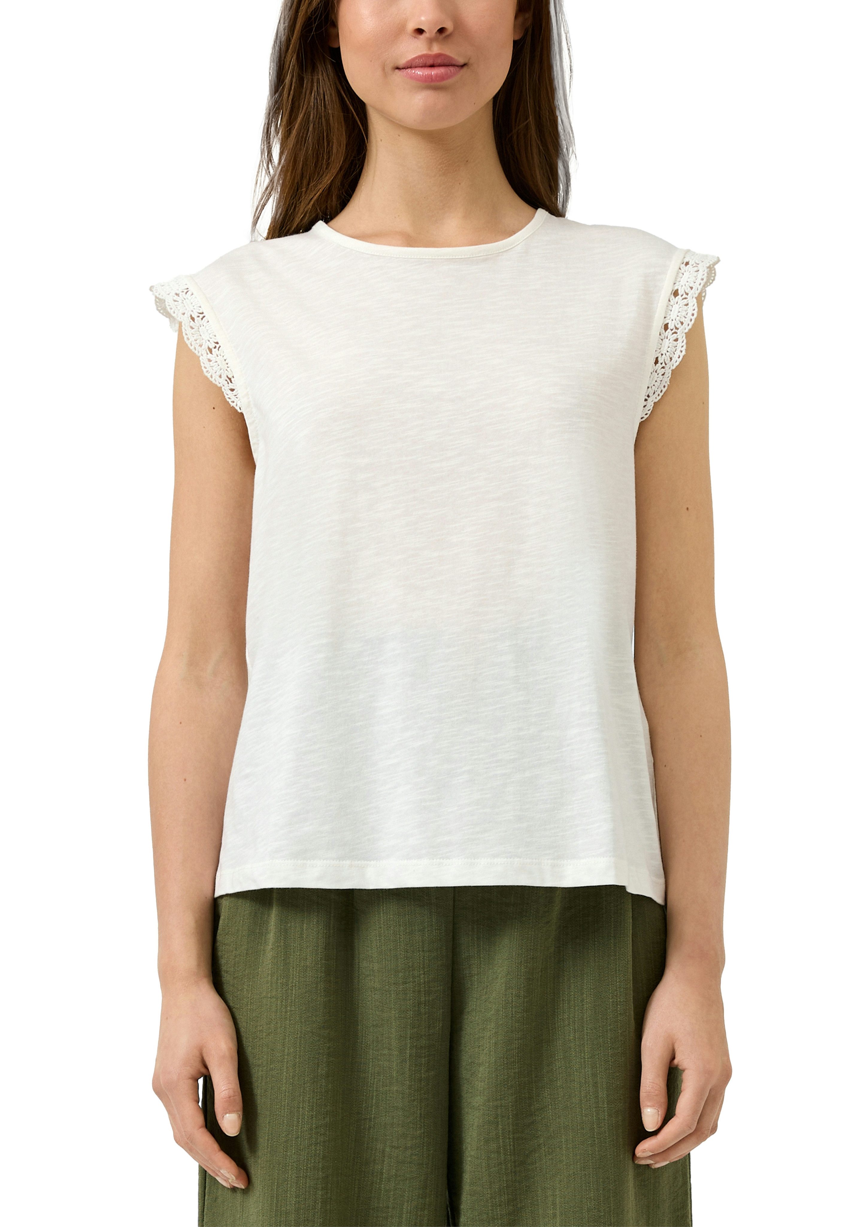 QS Rundhalsshirt mit Häkel-Details an der Schulter