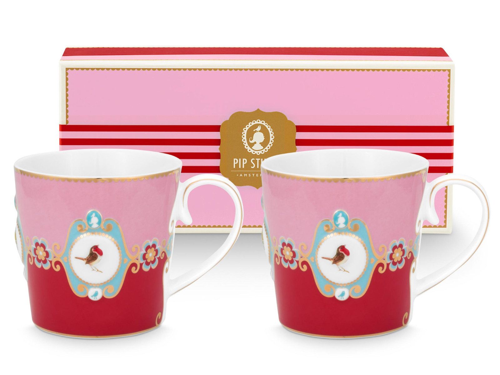 PiP Studio Becher Love Birds Medallion Red-Pink Henkelbecher Large 0,25l Set2, Porzellan