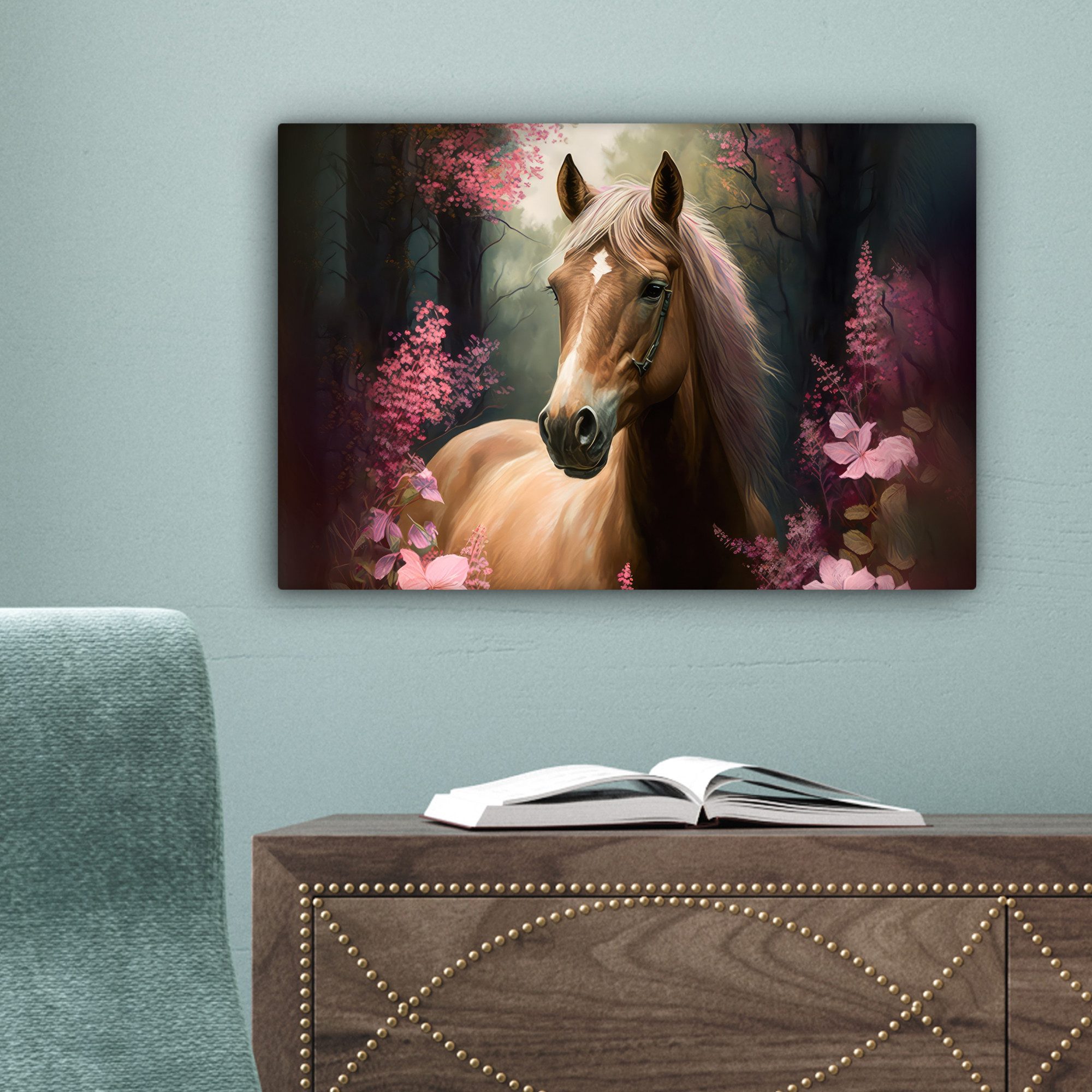 OneMillionCanvasses® Leinwandbild Pferd - Blumen - Rosa - Natur - Wald, Fotodruck (1 St), Wandbild, Deko Schlafzimmer Wohnzimmer Flur 20x20 cm – Bild 3 von 5
