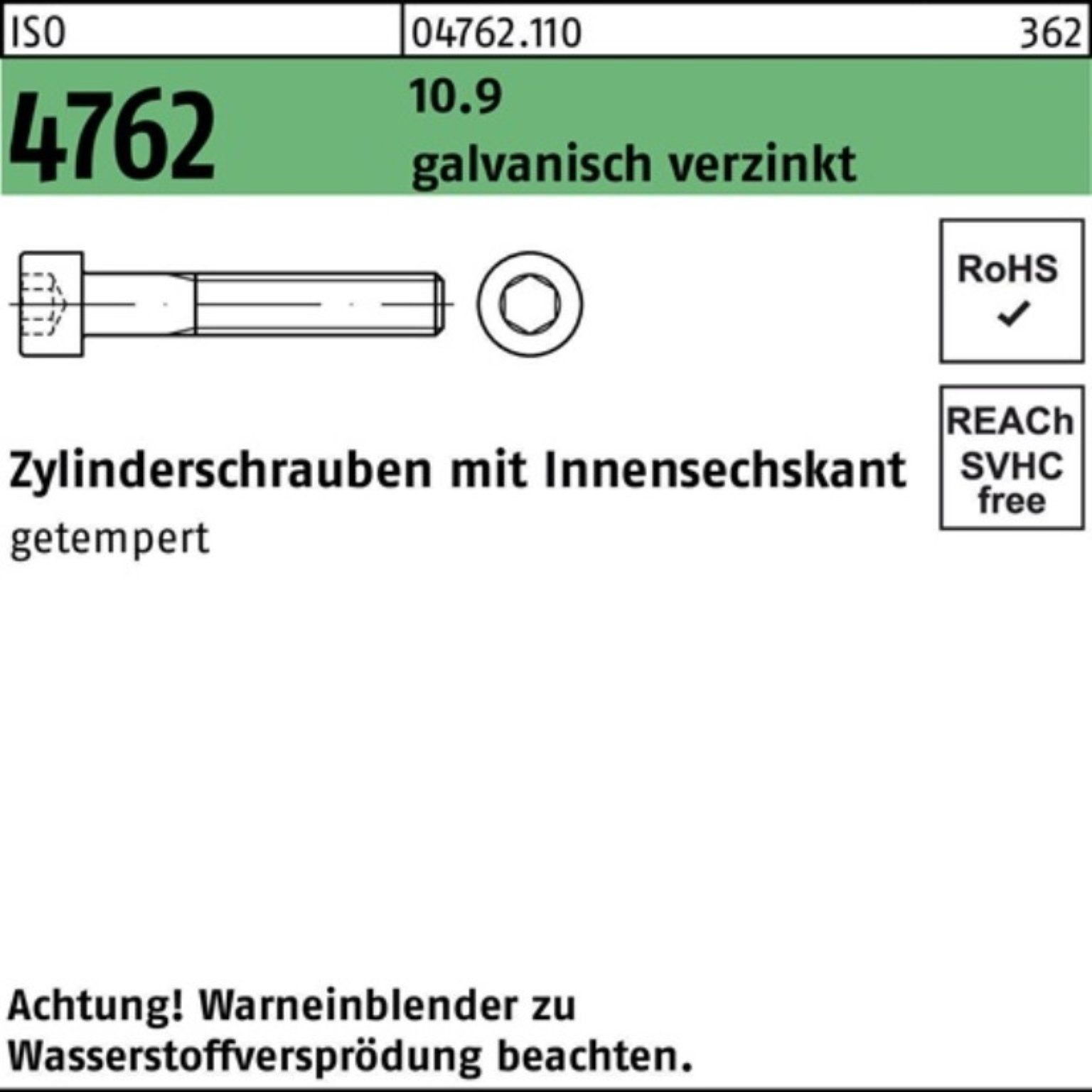 Innen-6kt M14x50 Reyher 10.9 galv.verz. 4762 Pack Zylinderschraube 100er ISO Zylinderschraube