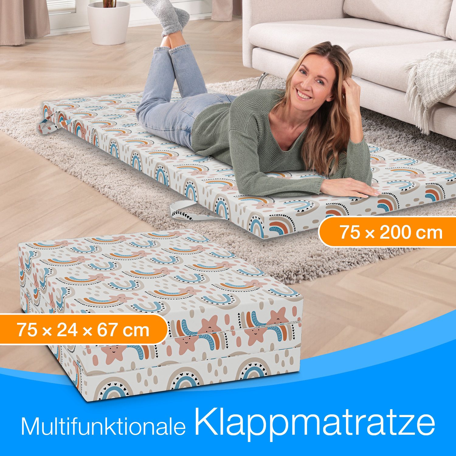 Klappmatratze, Gästematratze klappbar, Bandscheibenwürfel, Reisematratze, Gästebett, ELONEO, 8 cm hoch, waschbarer Bezug, geeignet für Hausstauballergiker, schadstoffgeprüft