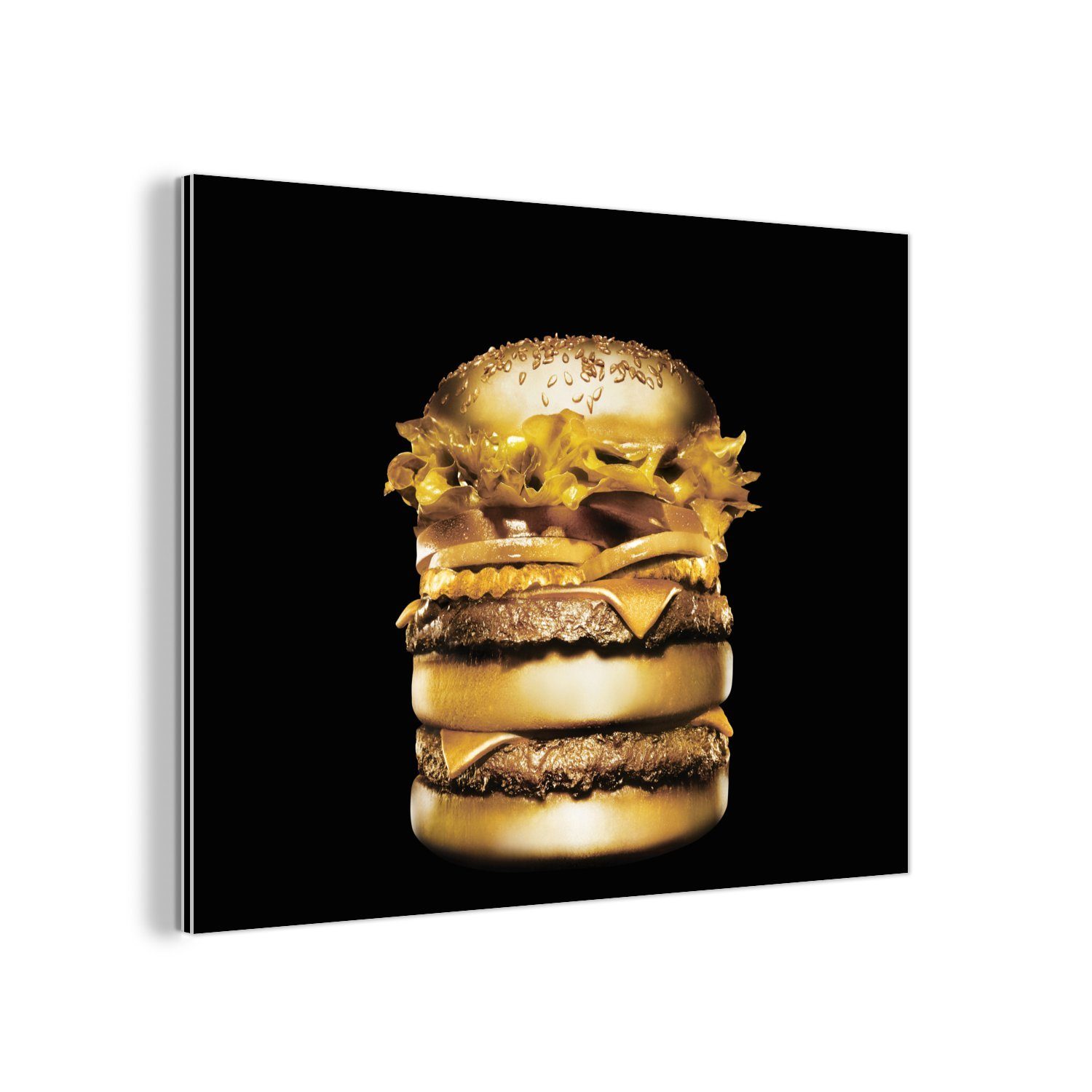 MuchoWow Metallbild Goldener Hamburger auf schwarzem günstig online kaufen