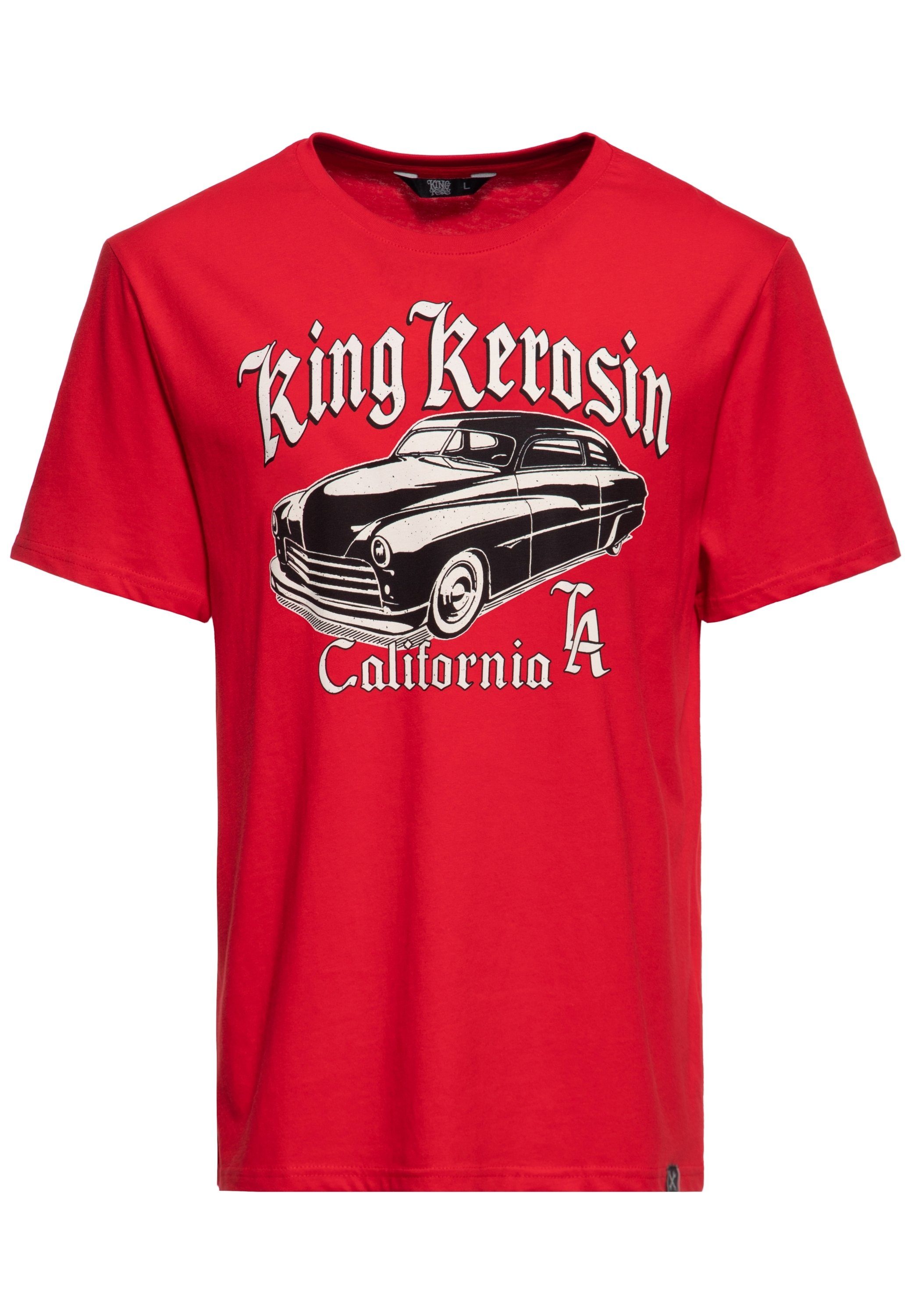 KingKerosin Print-Shirt California Greaser (1-tlg) Front Print im Retro Muscle-Car Look rot