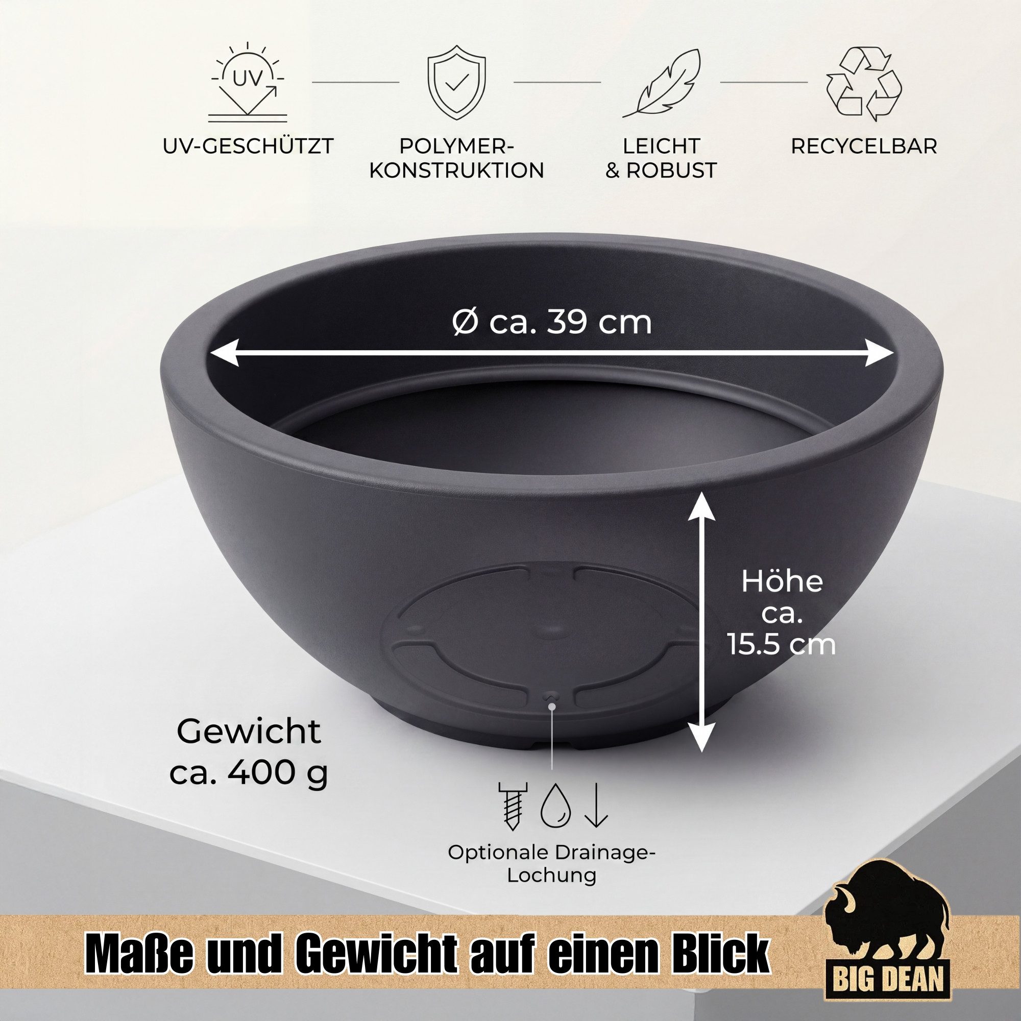 BigDean Pflanzschale 2 Stück Kunststoff Pflanzschale rund anthrazit - 39 cm (Set, 2 St., Pflanzschale), Moderne Optik, Dekoratives Design, Witterungsbeständig