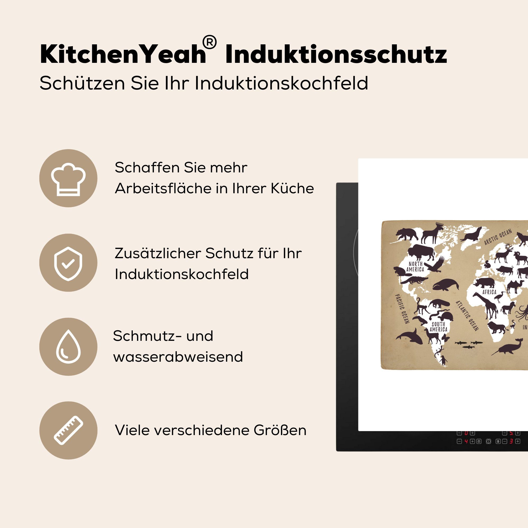MuchoWow Herdblende-/Abdeckplatte Weltkarte küche (1 Arbeitsplatte Vinyl, cm, Kinder 78x78 für Ceranfeldabdeckung, tlg), Weiß - - Tiere