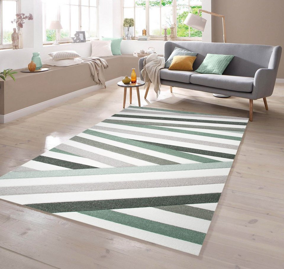 Teppich Designer Teppich mit Konturenschnitt Gestreift Pastellfarben Grün  Creme Beige, TeppichHome24, rechteckig