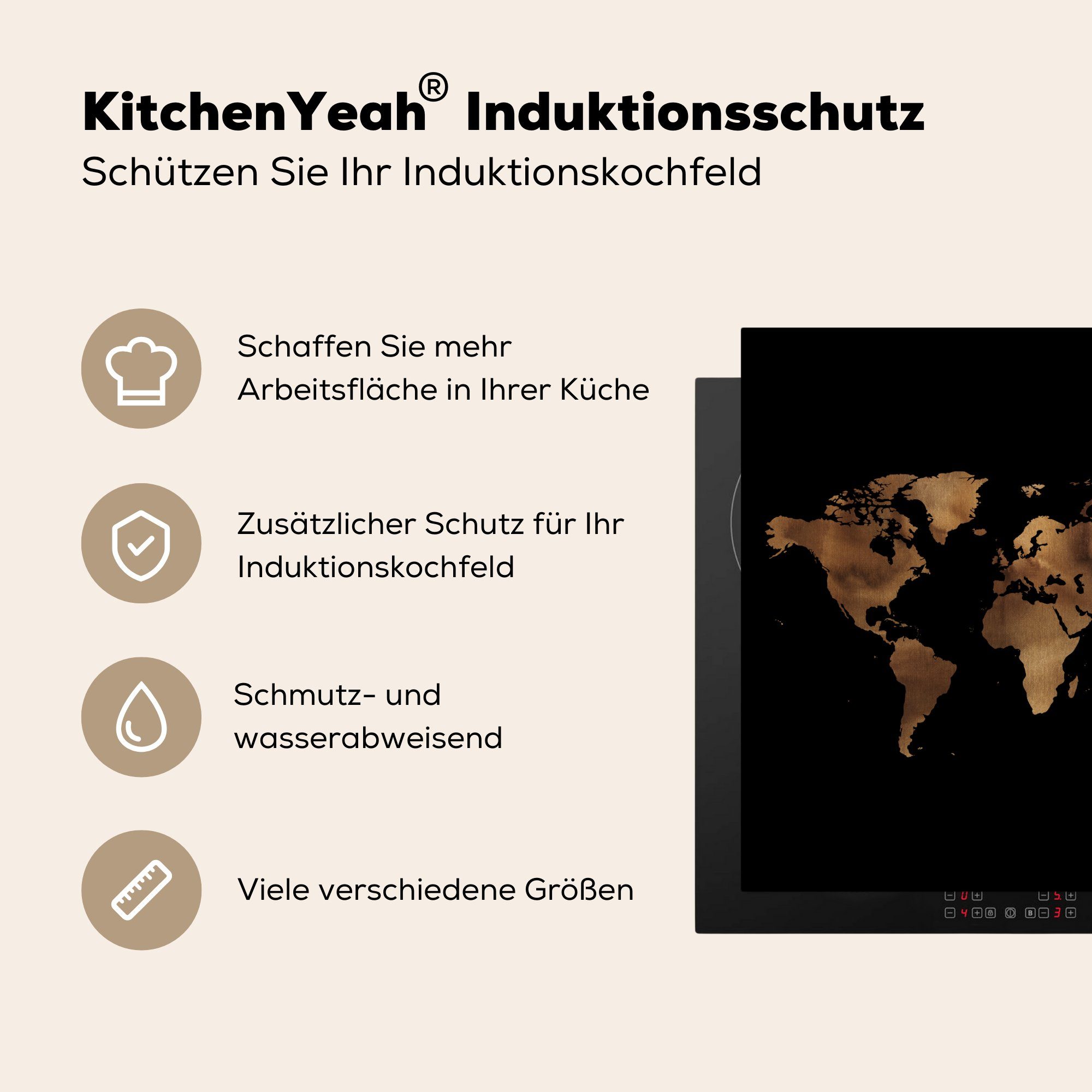cm, 78x78 - Weltkarte (1 MuchoWow - Schwarz, Arbeitsplatte küche tlg), Ceranfeldabdeckung, Gold für Herdblende-/Abdeckplatte Vinyl,