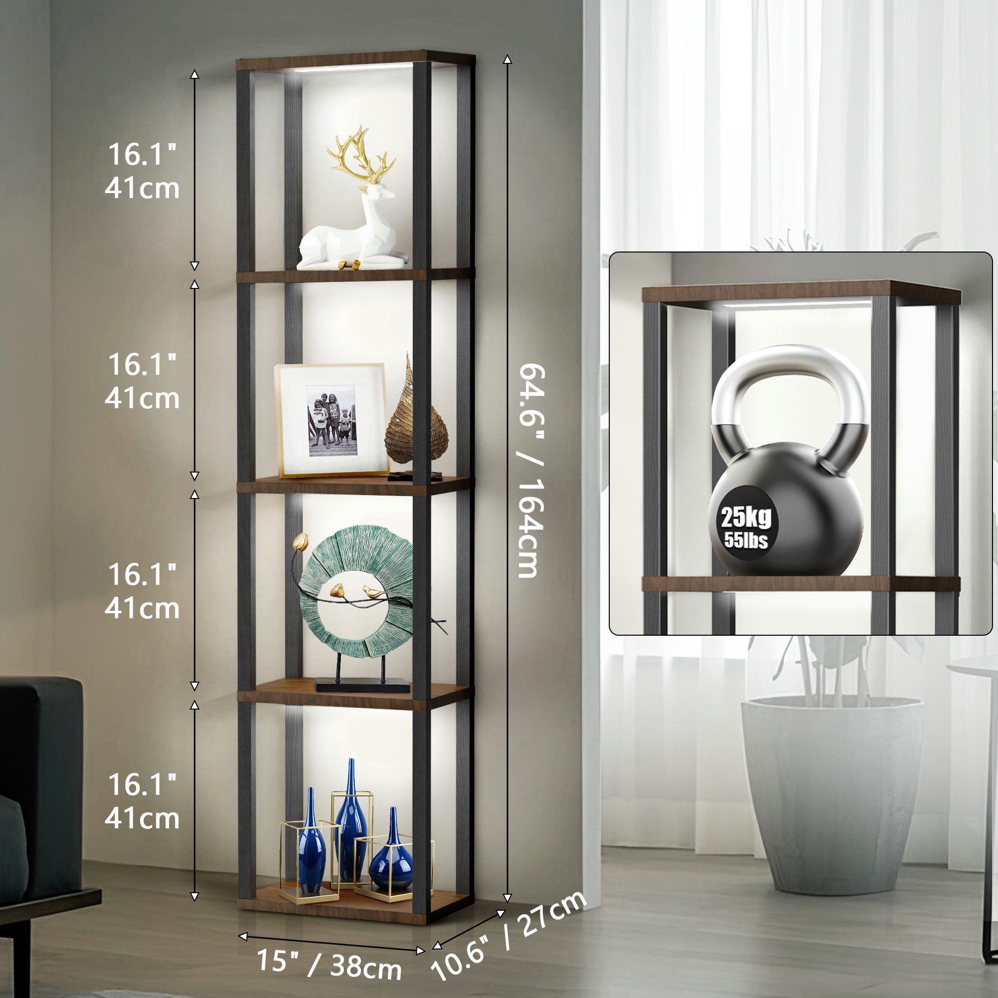 XIIW Stauraumvitrine 5 Etagen LED Standvitrine Standregal Bücherregal Vitrine 38×27×164 cm (Vitrinenschrank mit MDF-Regalen, Fußschalter und Fernbedienung) für  – Bild 2 von 5